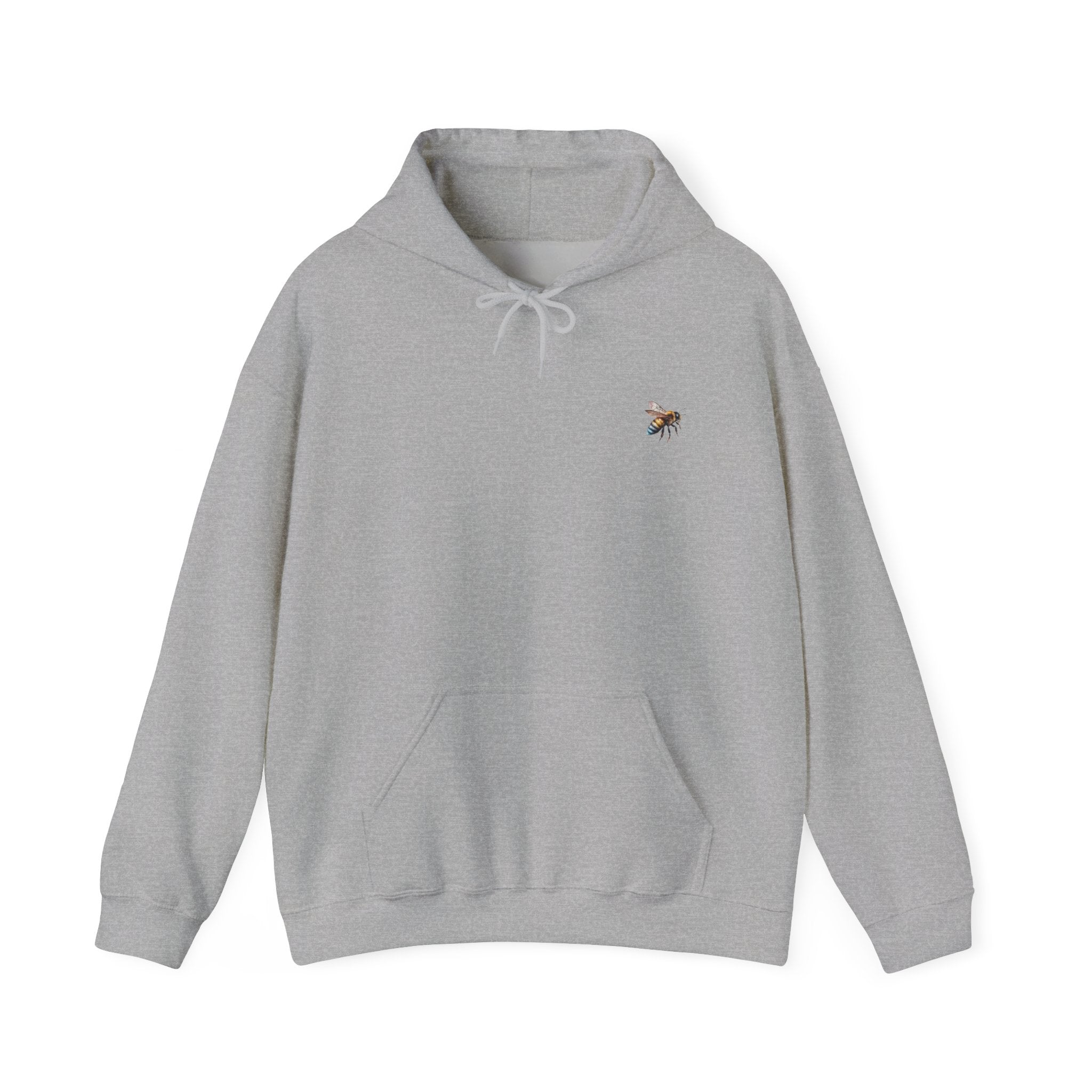 Gray hoodie with a small bee logo on a white background