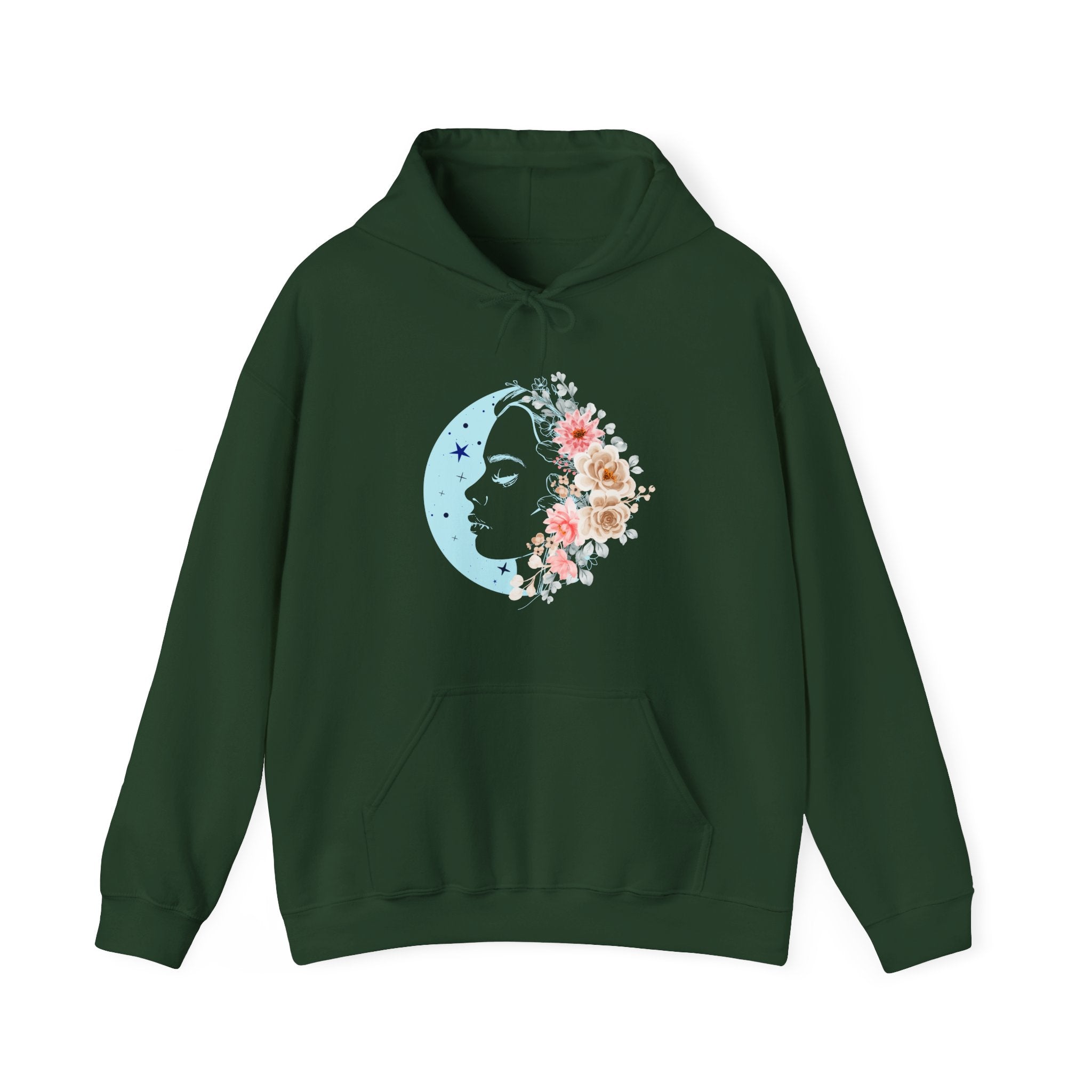 Green hoodie with floral face moon design on a white background
