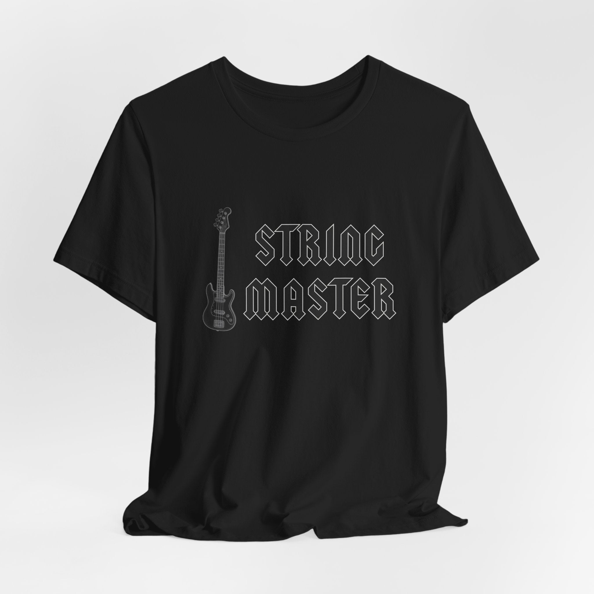 Black t-shirt with "String Master" text and guitar graphic on a white background