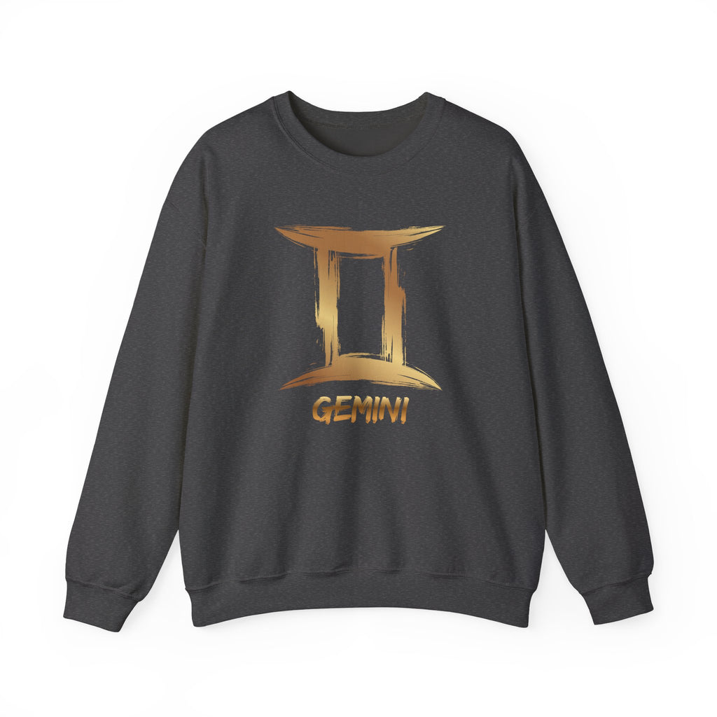 Dark gray sweatshirt with Gemini zodiac sign design on a white background