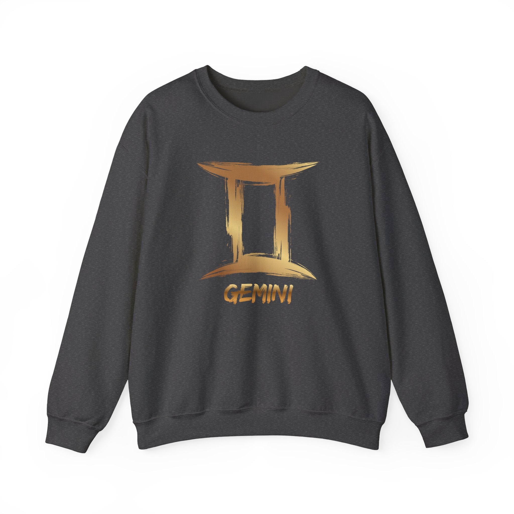 Dark gray sweatshirt with Gemini zodiac sign design on a white background
