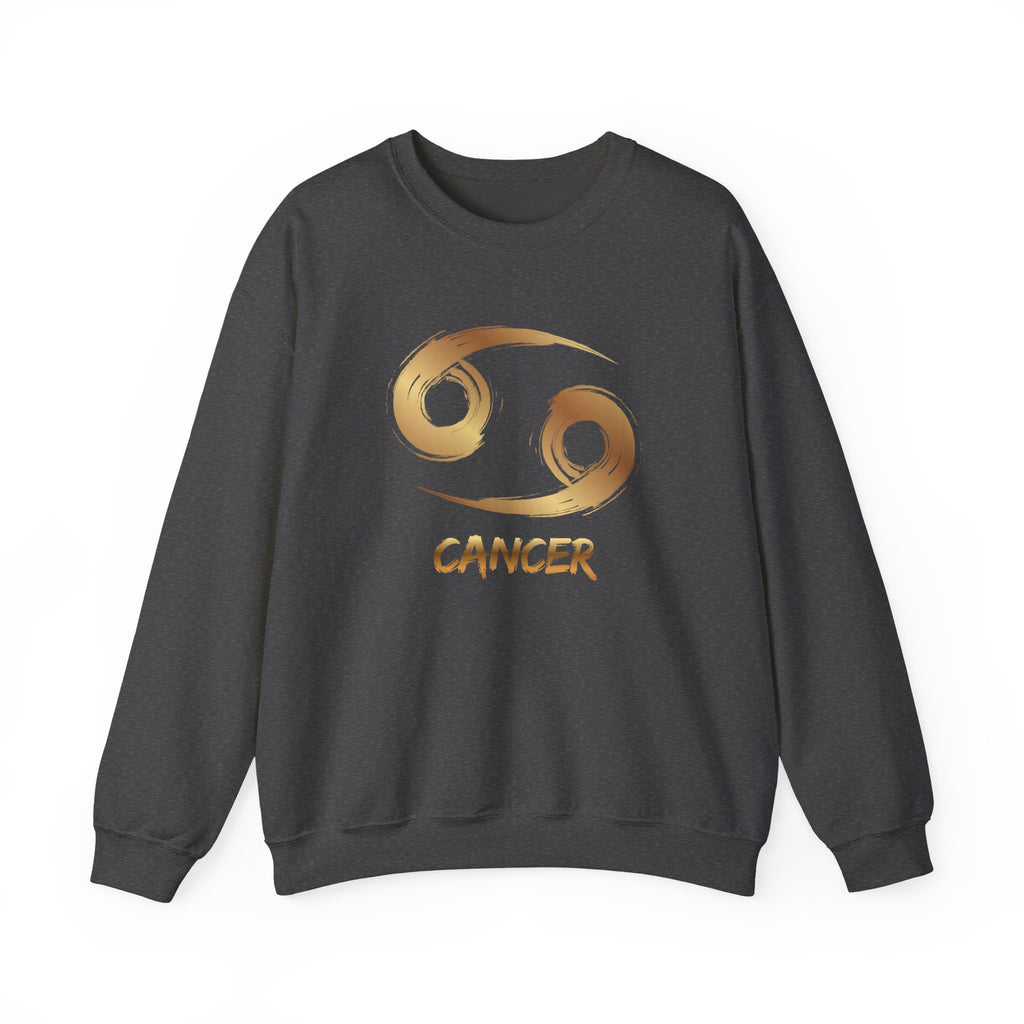 Dark gray sweatshirt with gold Cancer zodiac symbol on a white background