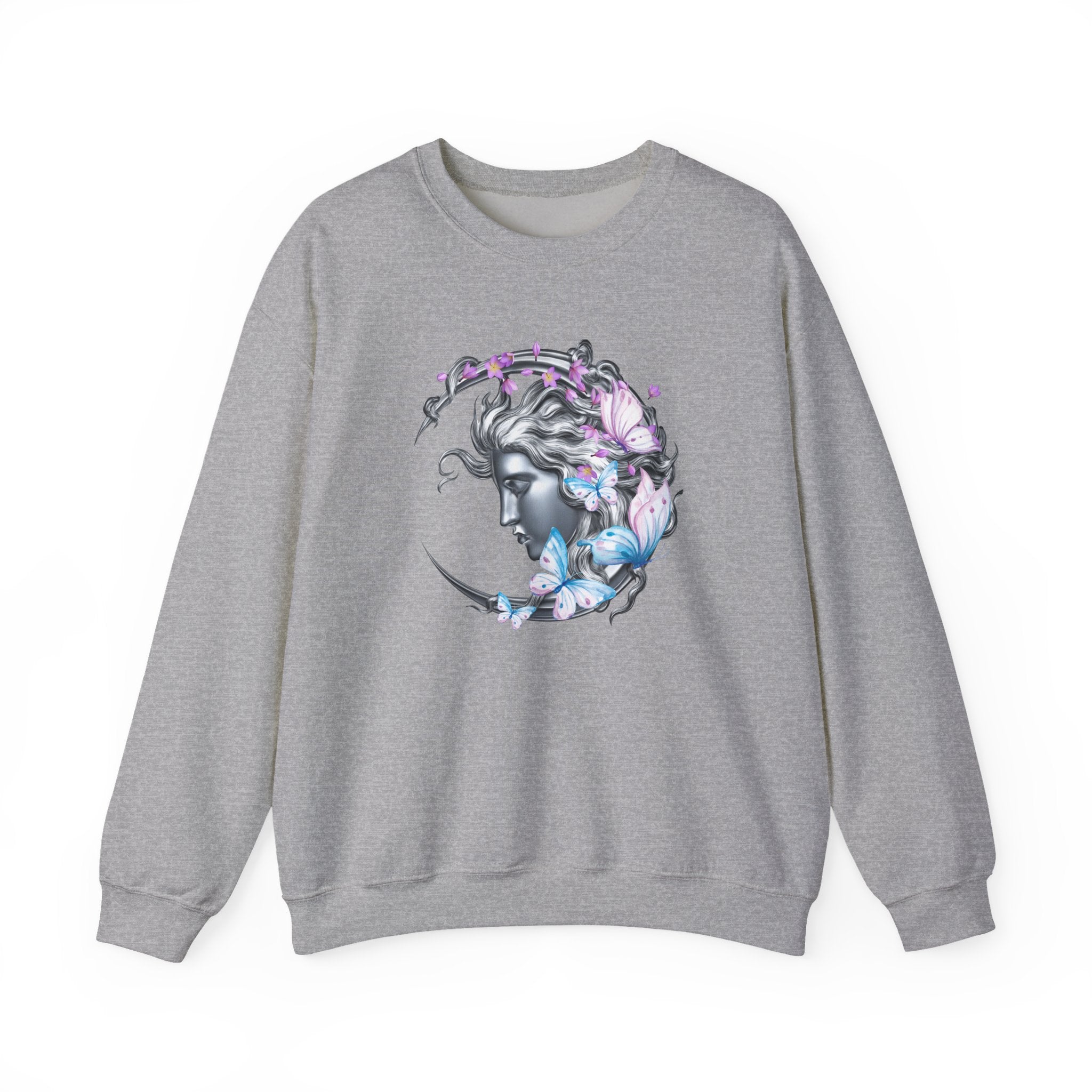 Gray sweatshirt with a graphic design of a woman's face surrounded by butterflies on a white background