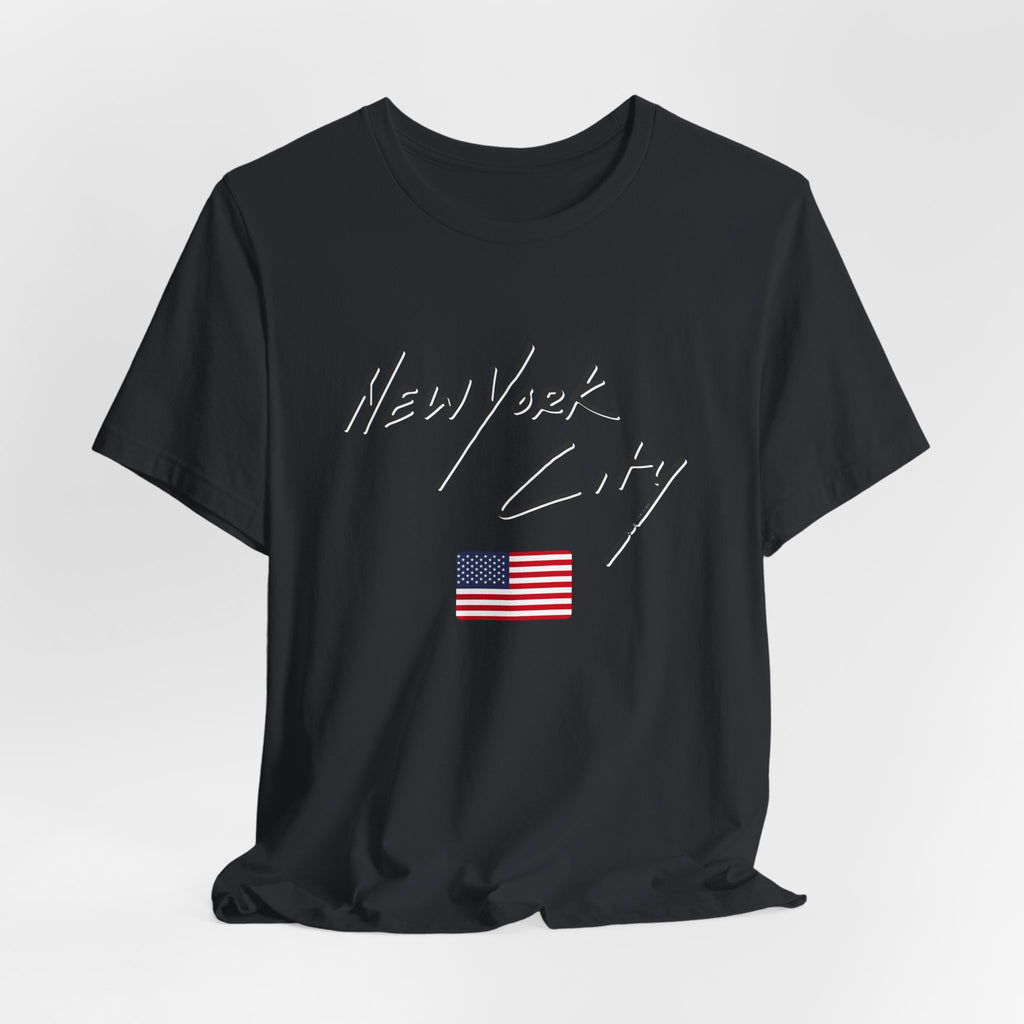 Black t-shirt with 'New York City' text and American flag on a white background