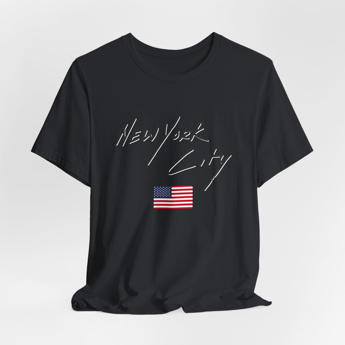 Black t-shirt with 'New York City' text and American flag on a white background