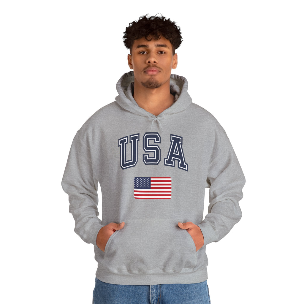 Person wearing a gray hoodie with 'USA' and an American flag on a white background