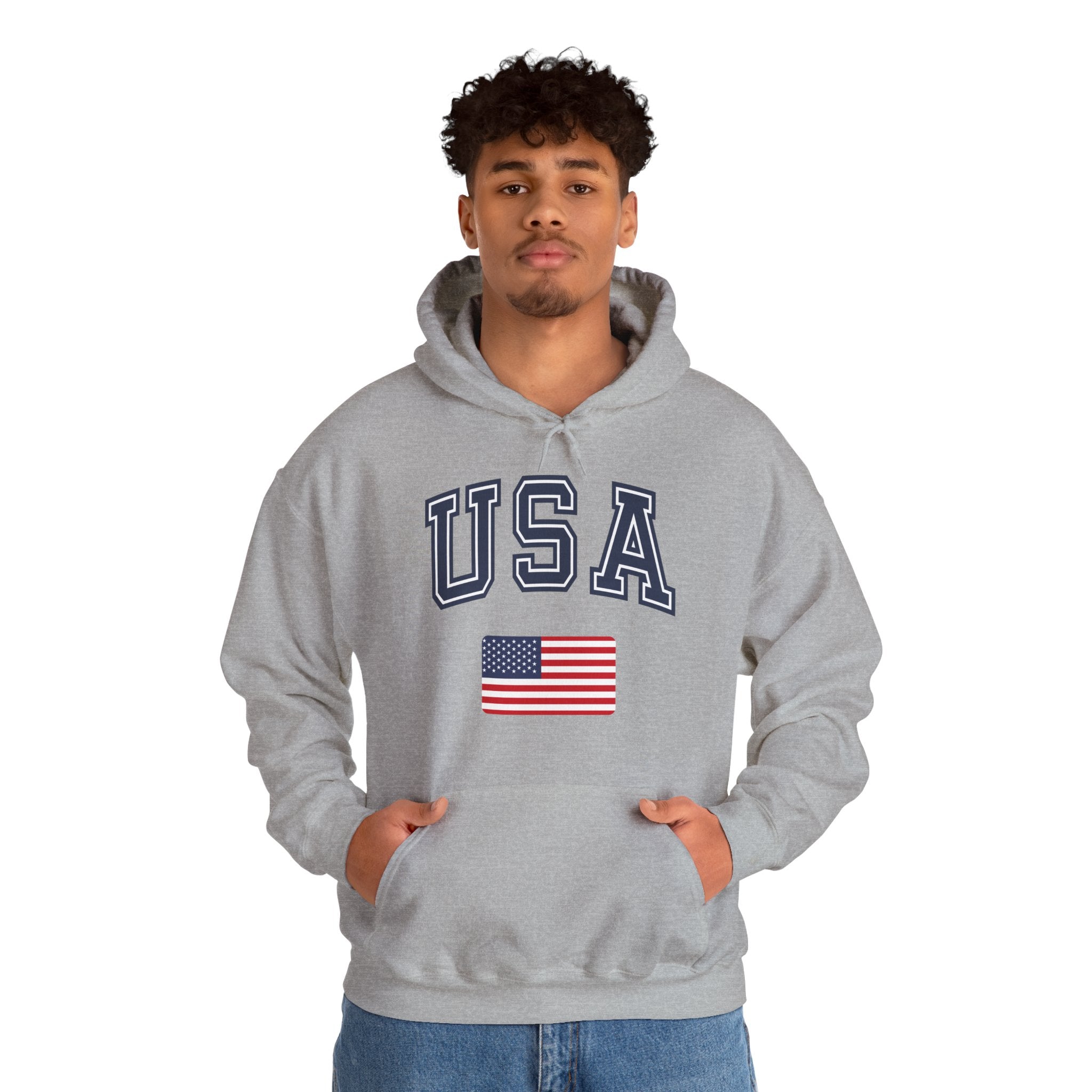 Person wearing a gray hoodie with 'USA' and an American flag on a white background