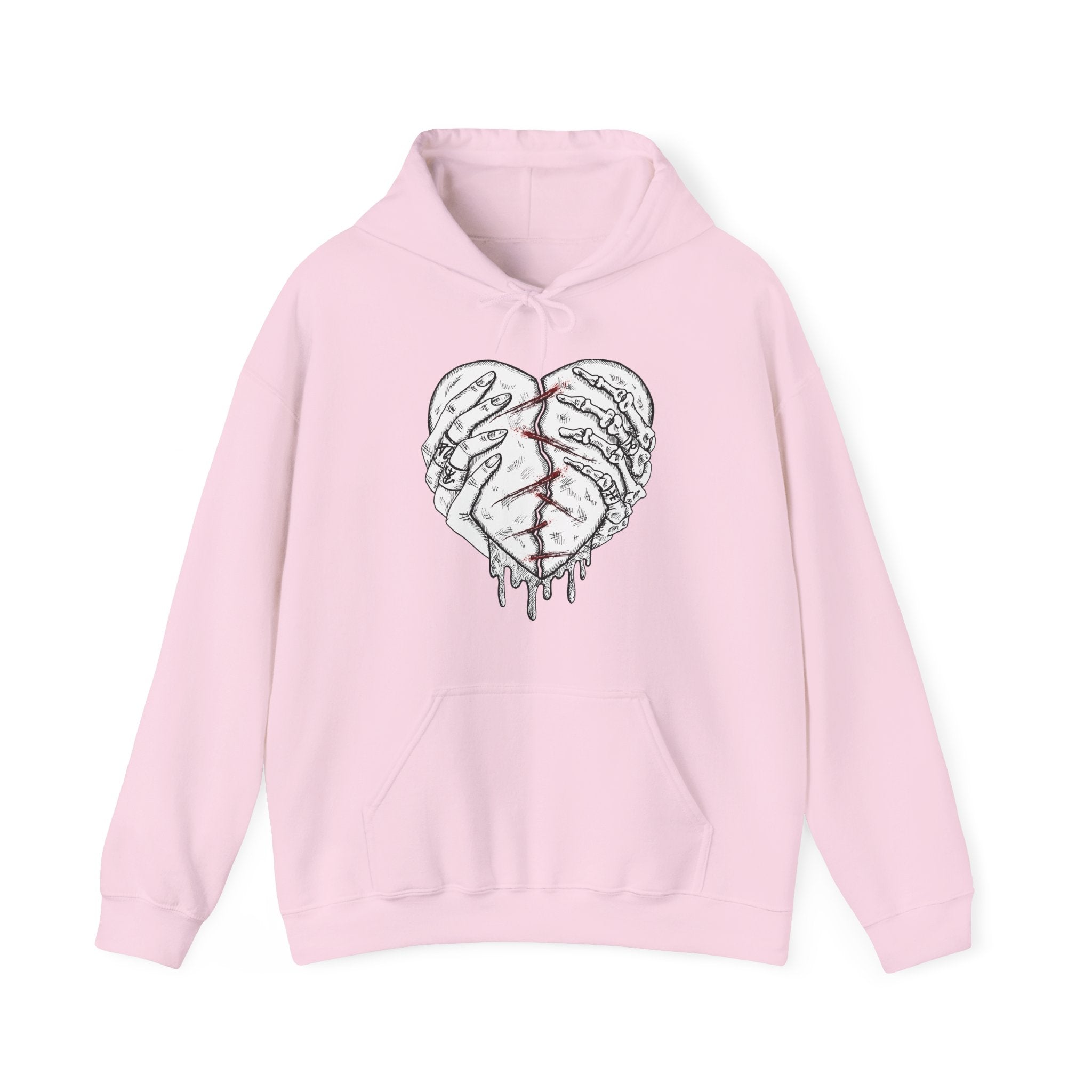 Pink hoodie with a heart design on a white background