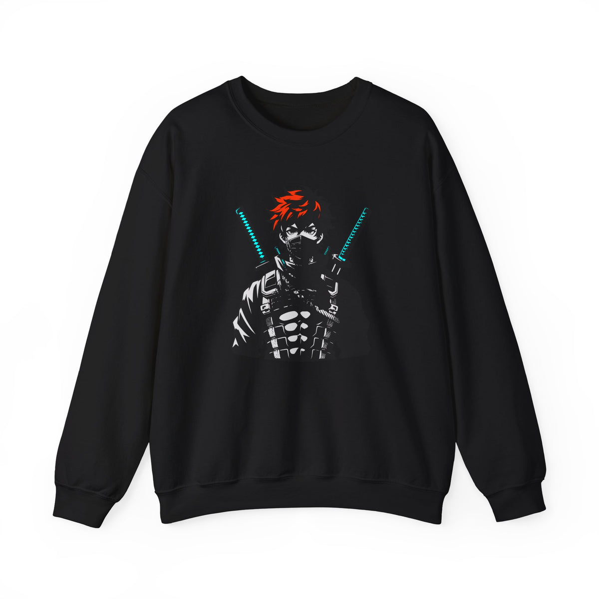 Black sweatshirt with a graphic design of a character holding swords on a white background