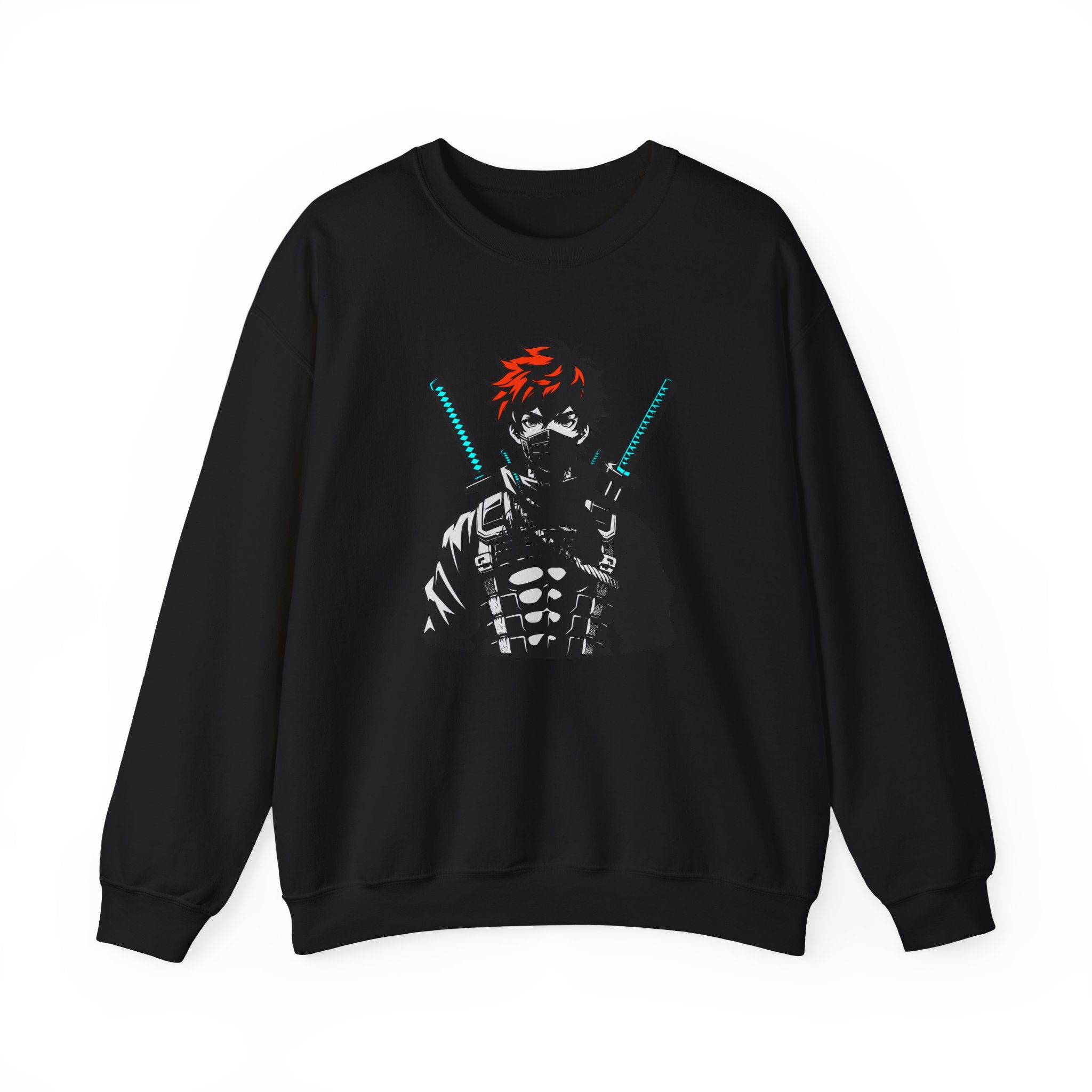 Black sweatshirt with a graphic design of a character holding swords on a white background