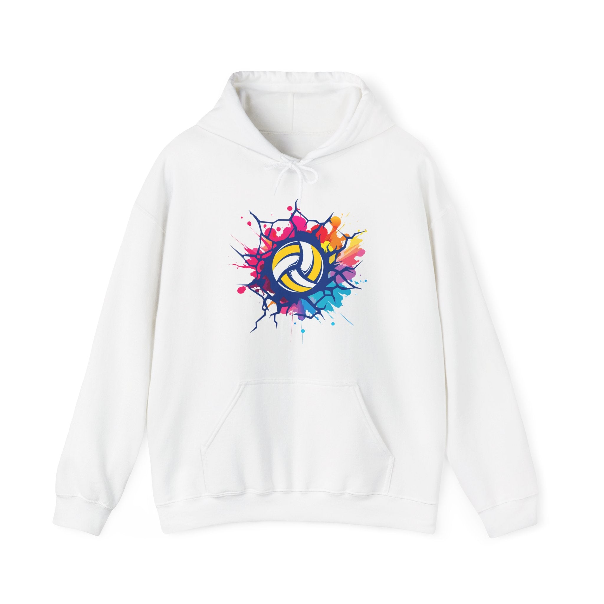 White hoodie with colorful volleyball design on a white background
