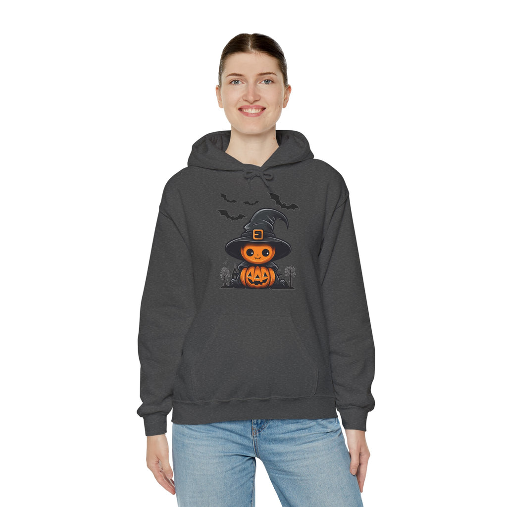 Person wearing a dark gray hoodie with a Halloween-themed design on a white background