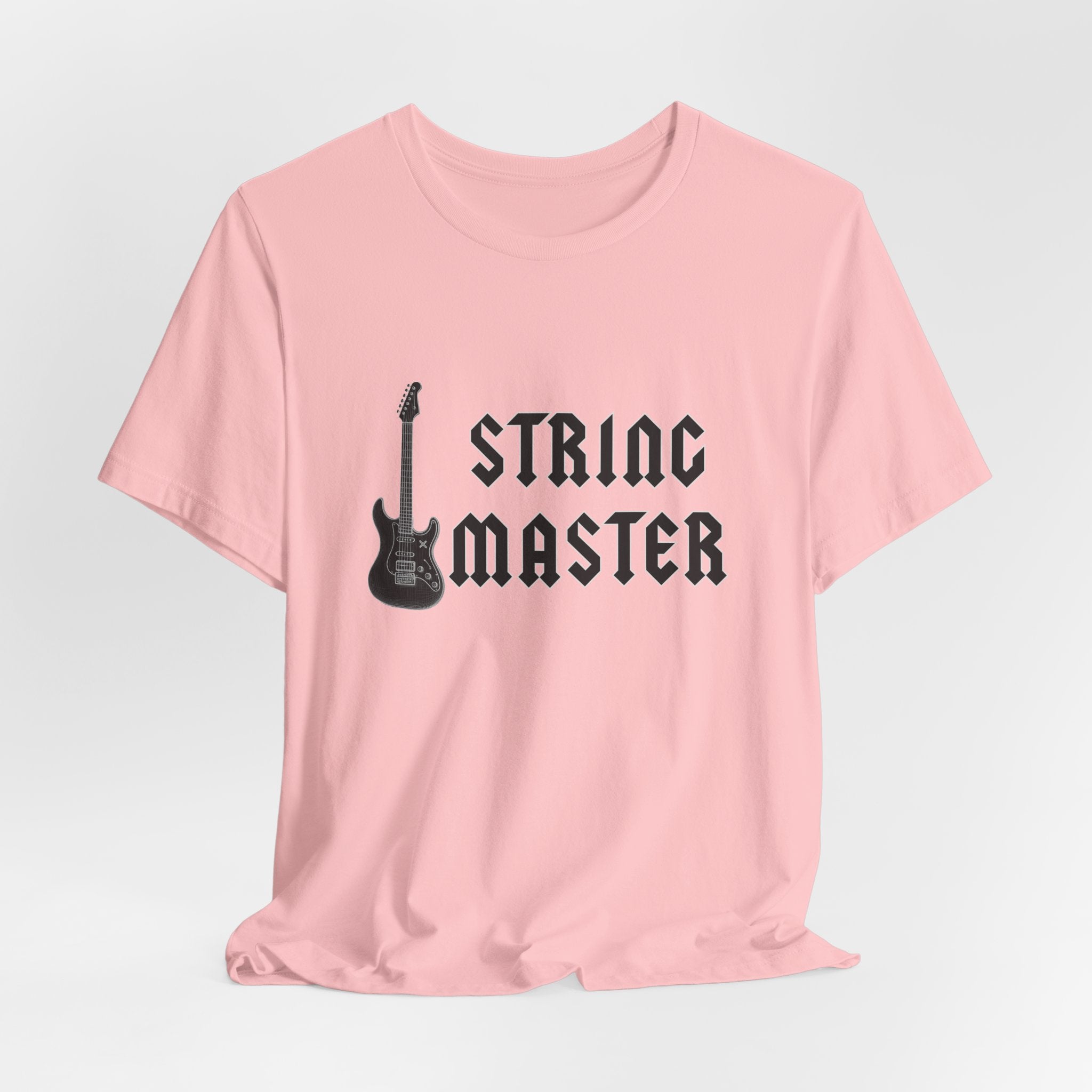 Pink t-shirt with 'String Master' graphic and text on a light gray background