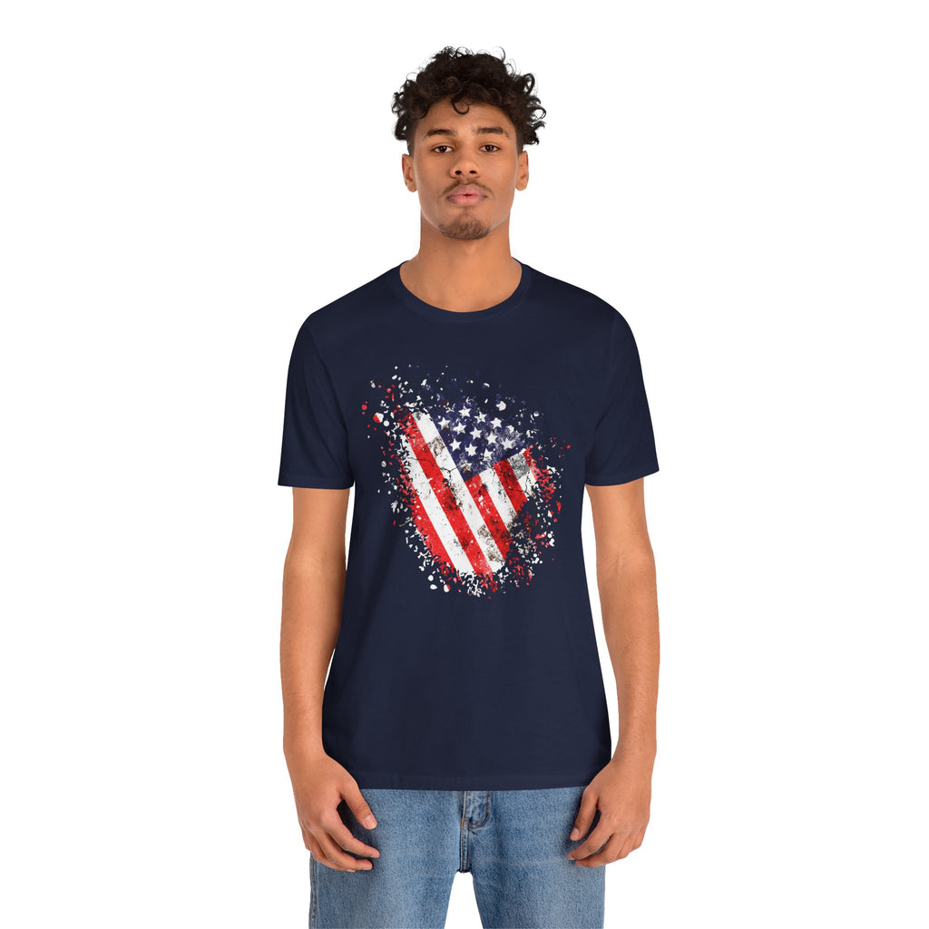 Person wearing a navy blue t-shirt with an American flag design on a white background