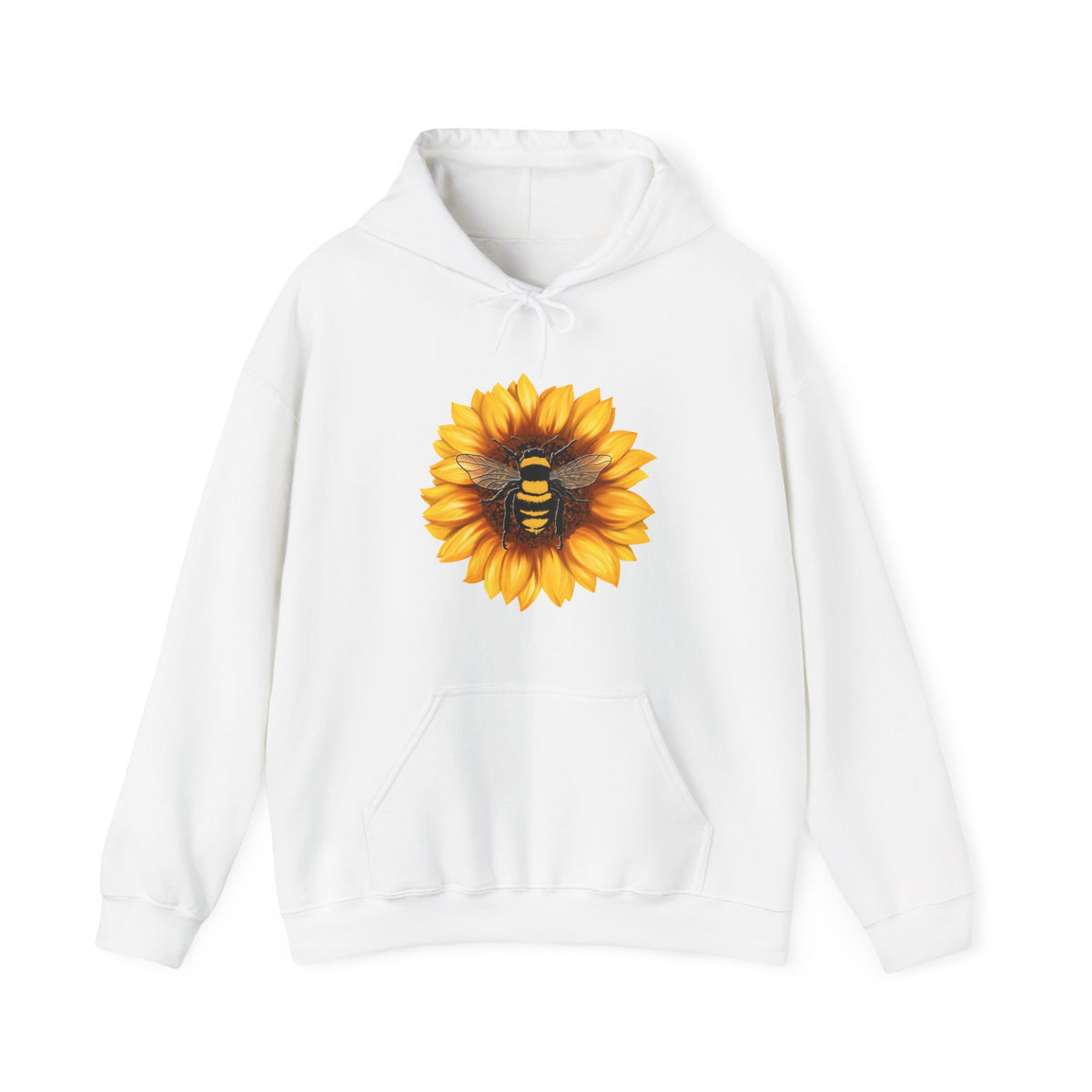 White hoodie with a sunflower and bee design on a white background