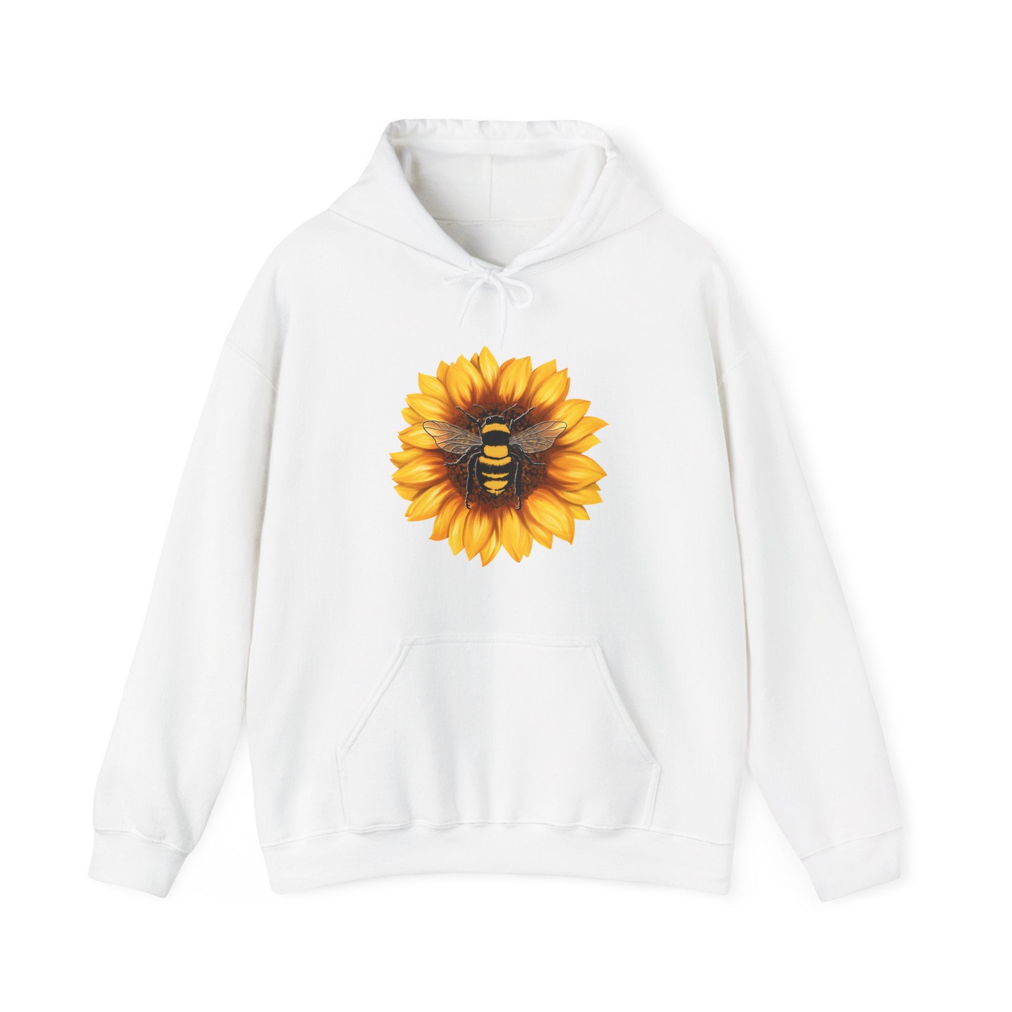 White hoodie with a sunflower and bee design on a white background