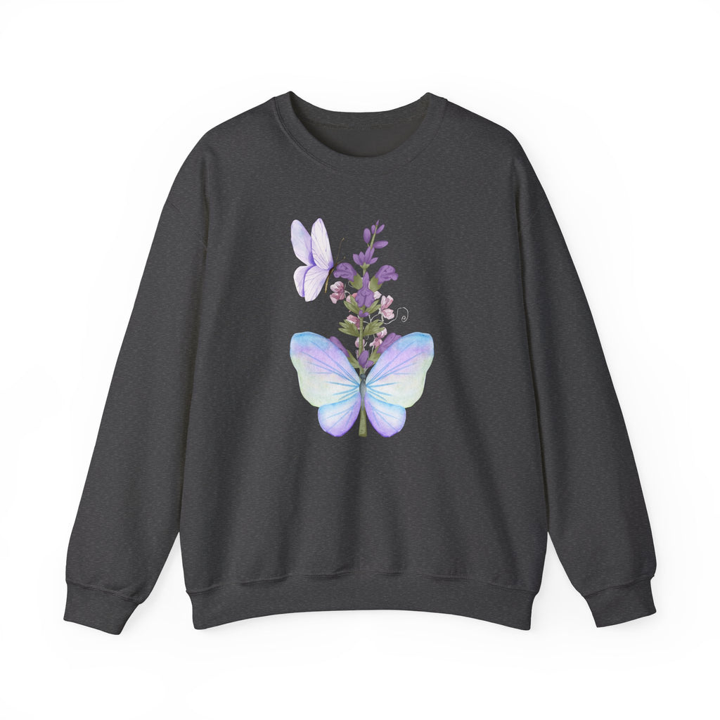Dark grey sweatshirt with butterfly and floral design on a white background