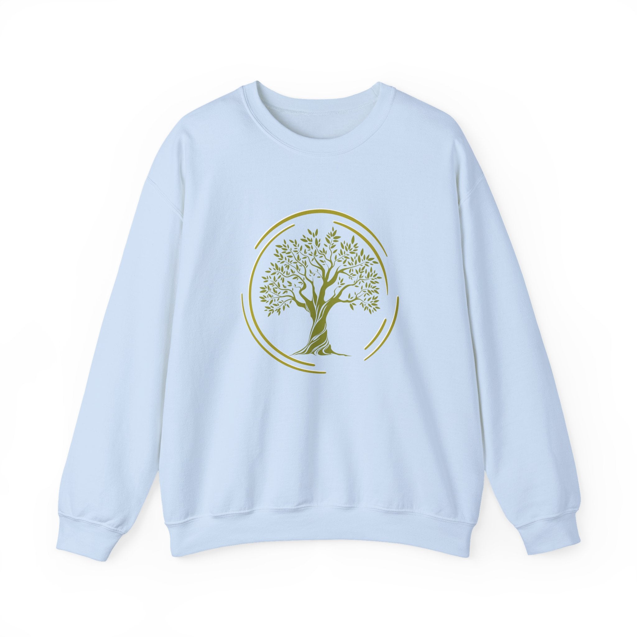 Light blue sweatshirt with a green tree design on a white background
