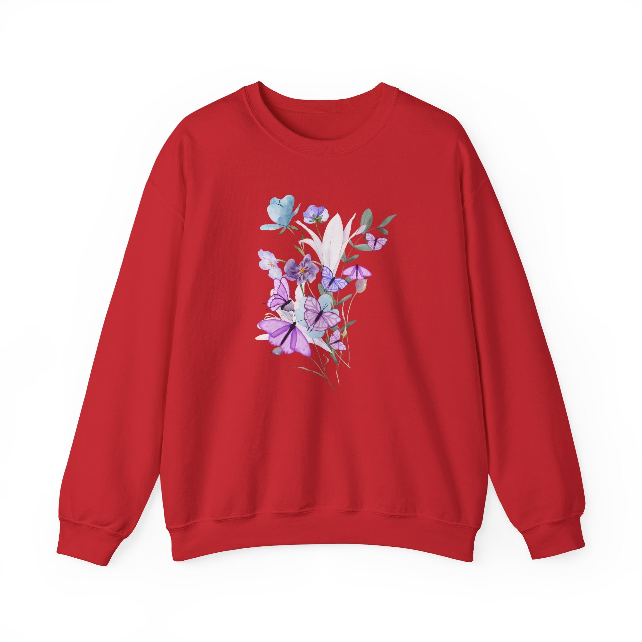 Red sweatshirt with floral design on a white background