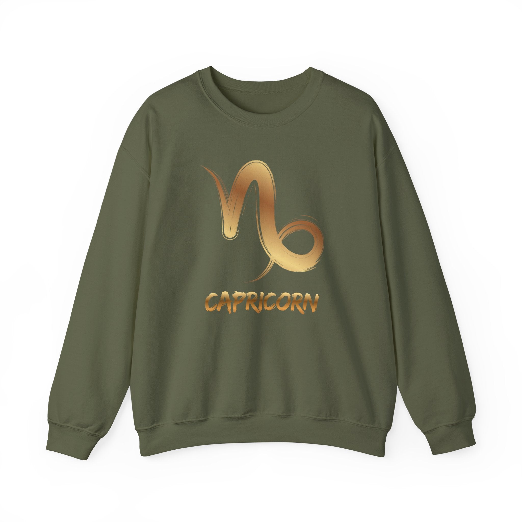 Green sweatshirt with Capricorn symbol and text on a white background