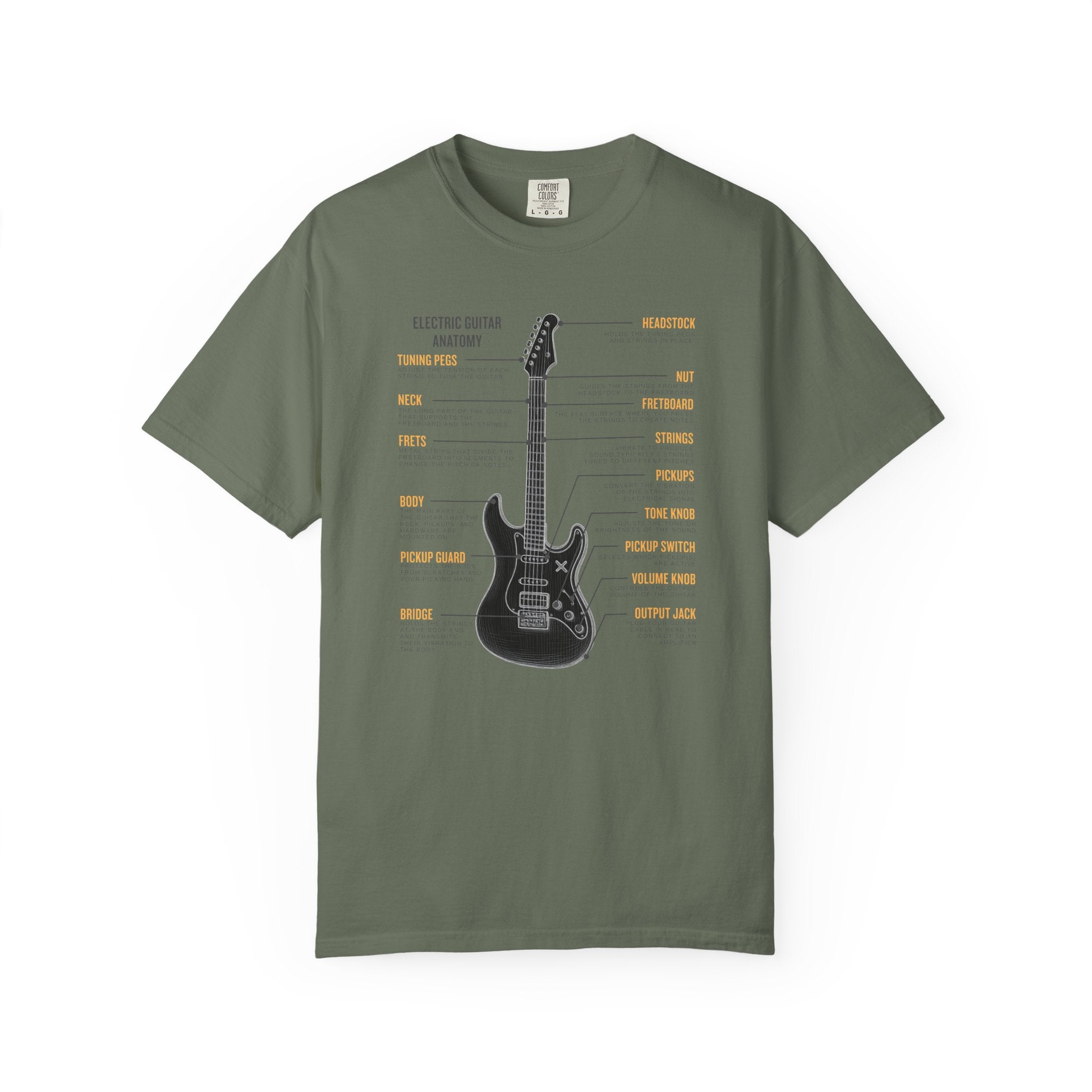 Green  t-shirt with electric guitar graphic and texts on a white background