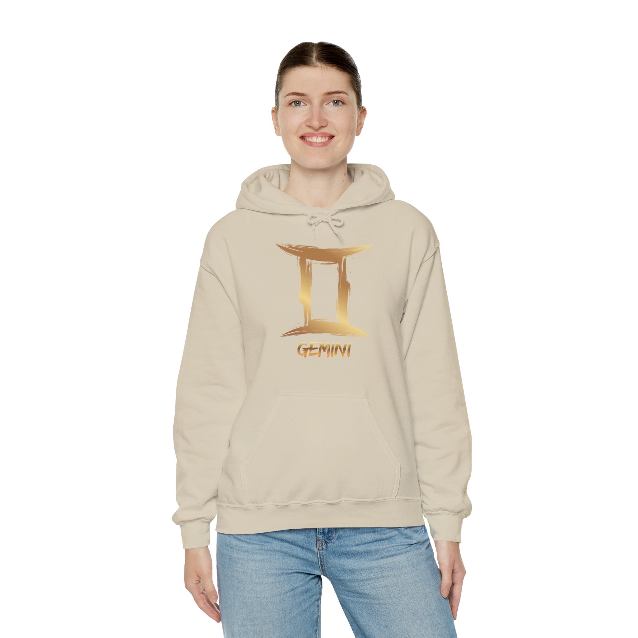 Person wearing a beige hoodie with a gold Gemini logo on a white background