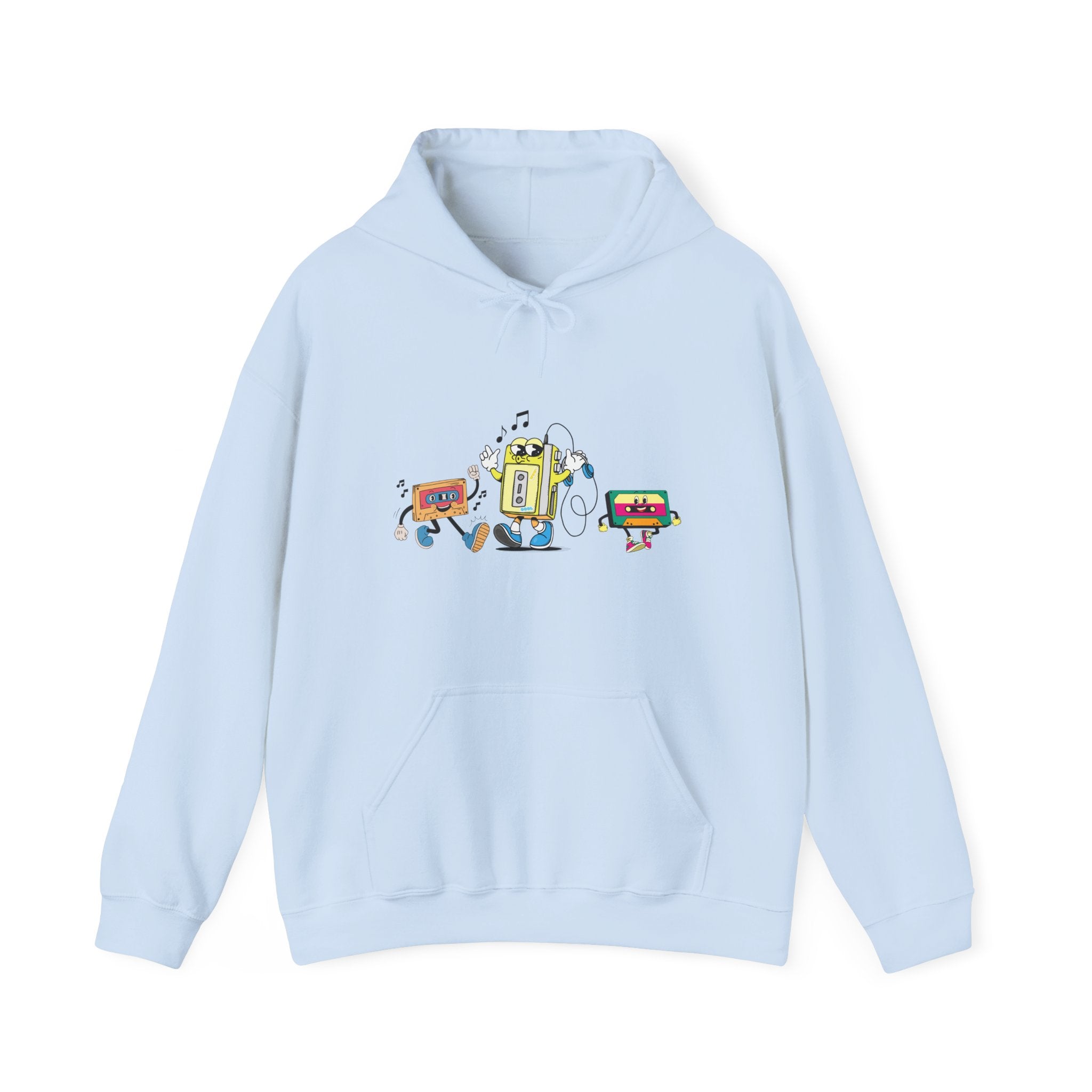Light blue hoodie with colorful graphic design on a white background