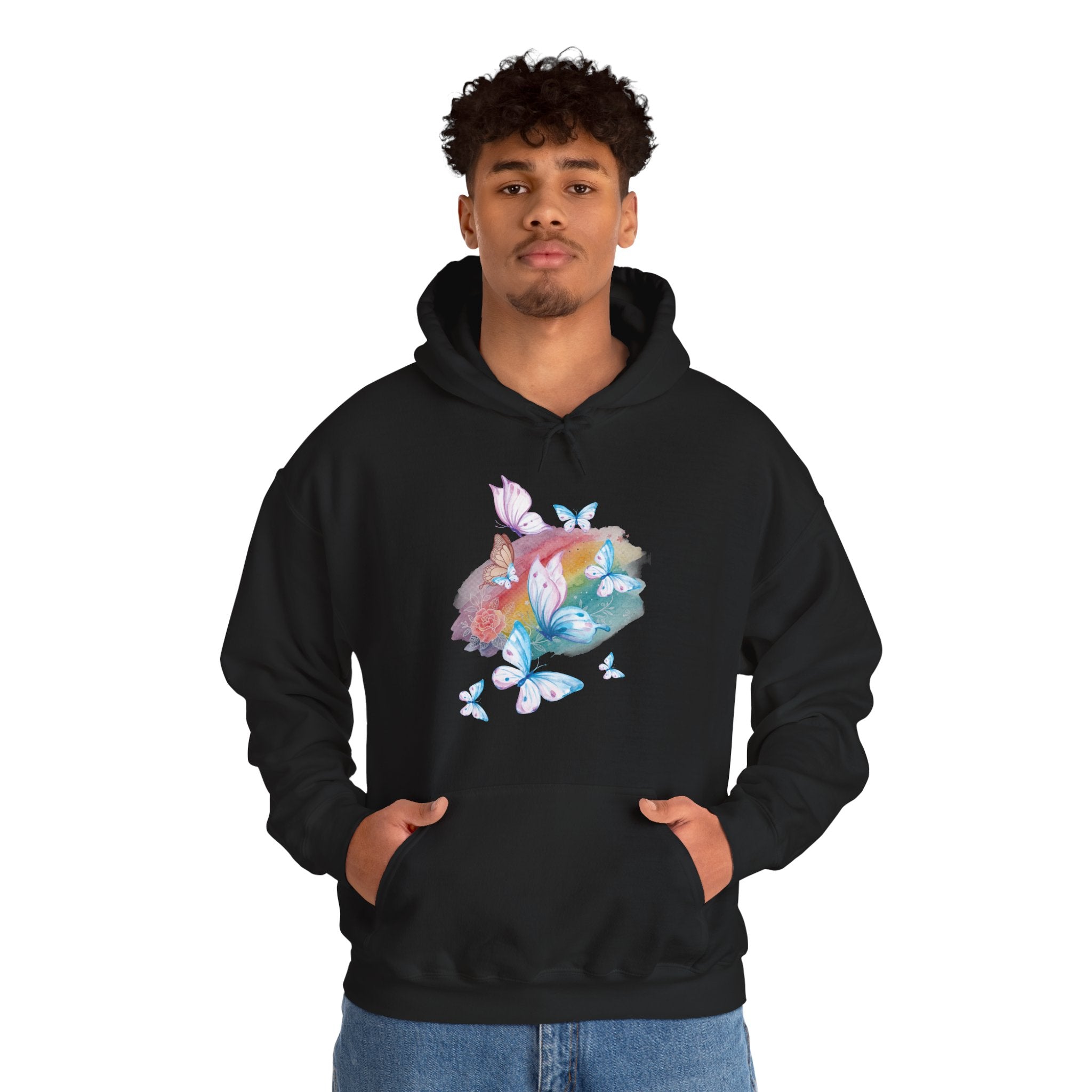 Person wearing a black hoodie with colorful butterfly design on a white background