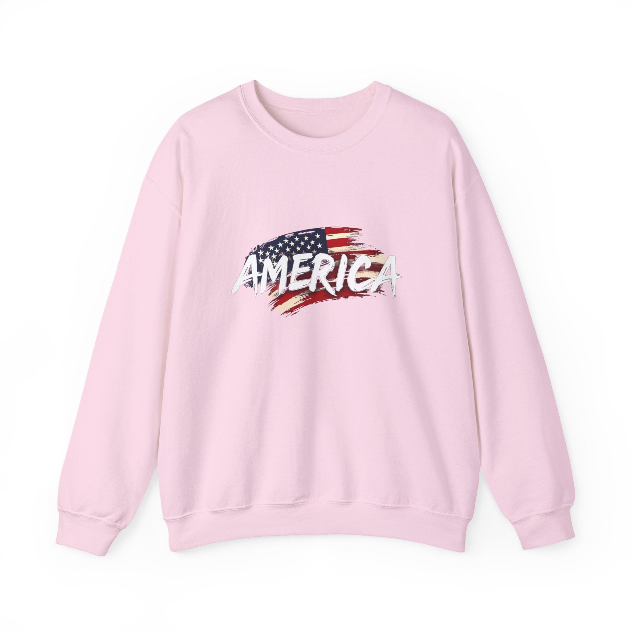 Pink sweatshirt with 'AMERICA' and an American flag design on a white background