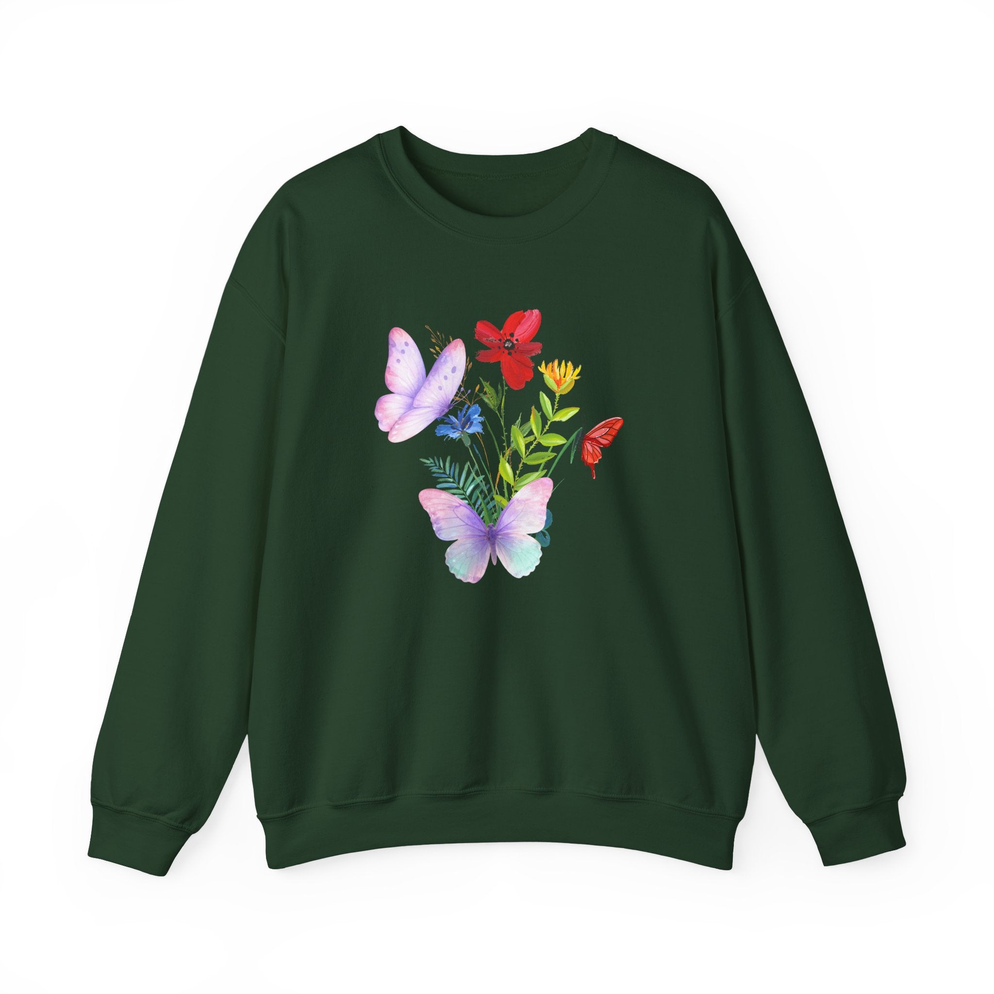 Green sweatshirt with butterfly and floral design on a white background