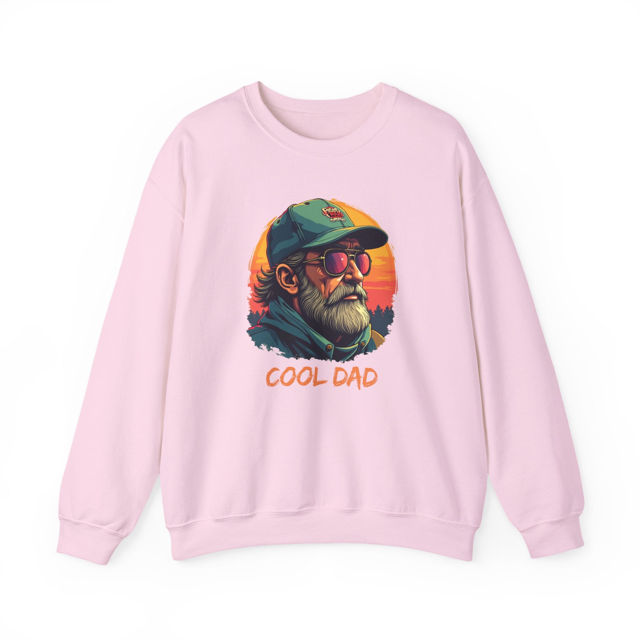 Pink sweatshirt with 'Cool Dad' graphic on a white background