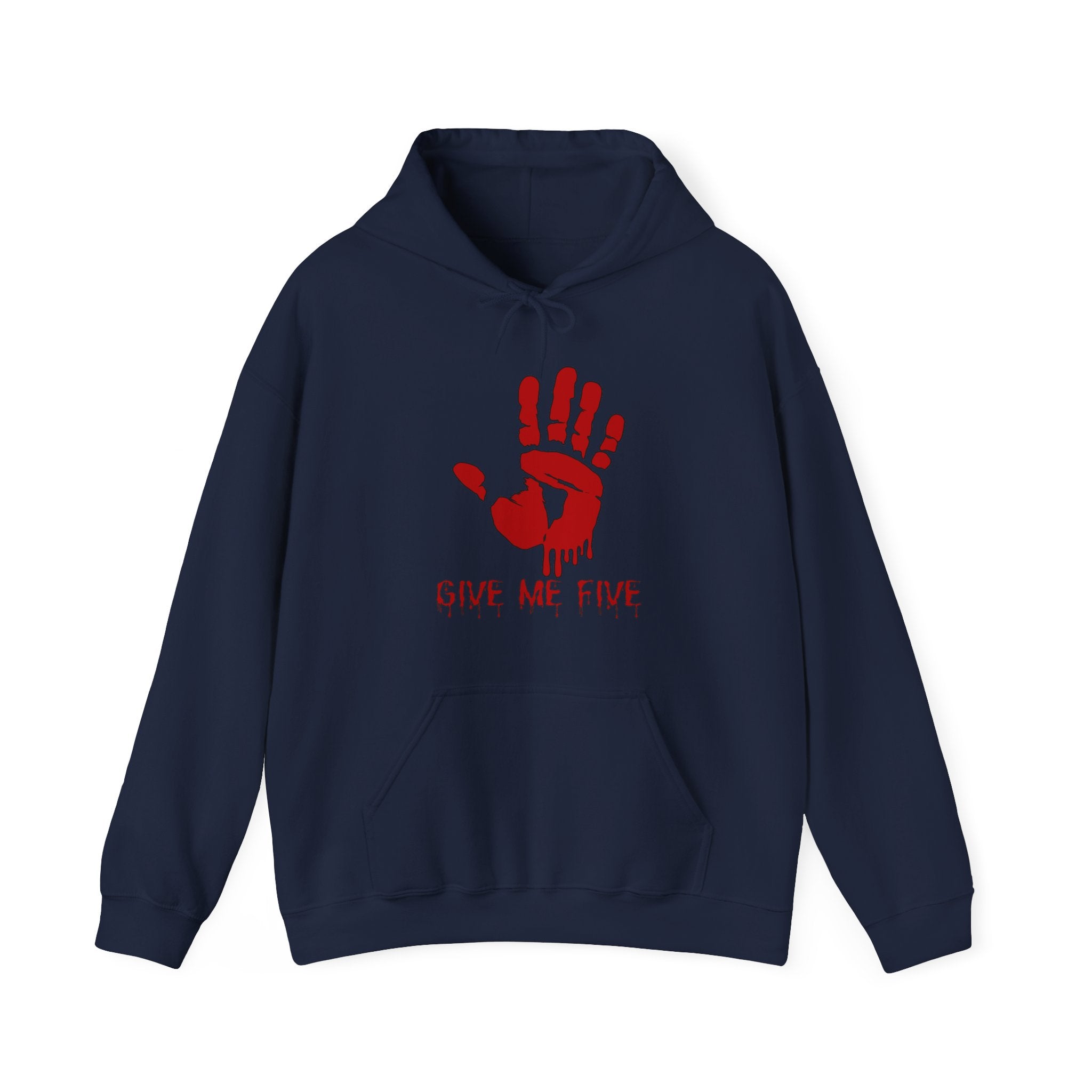 Navy blue hoodie with red hand and text "Give Me Five" on a white background