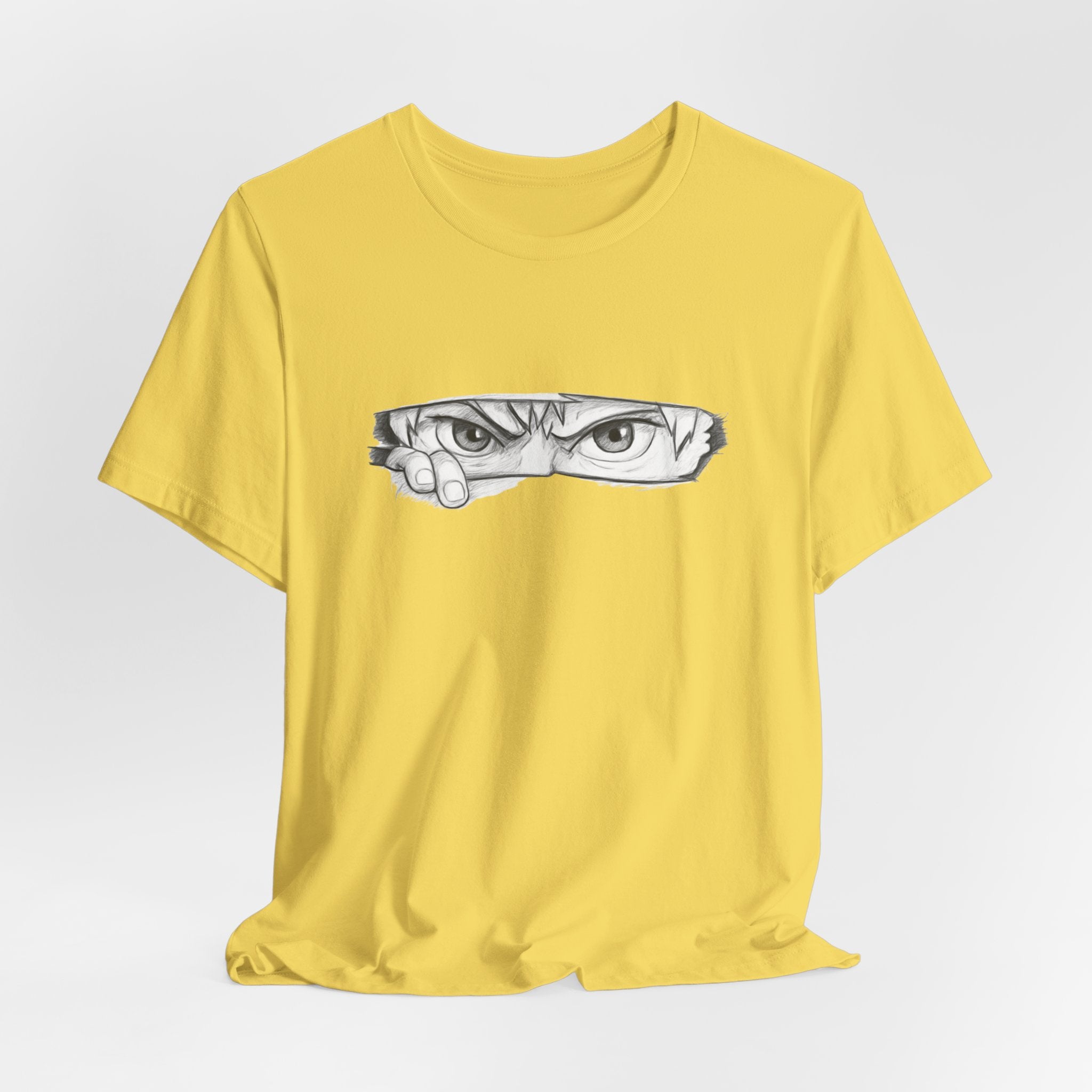 Yellow t-shirt with a graphic design on a white background