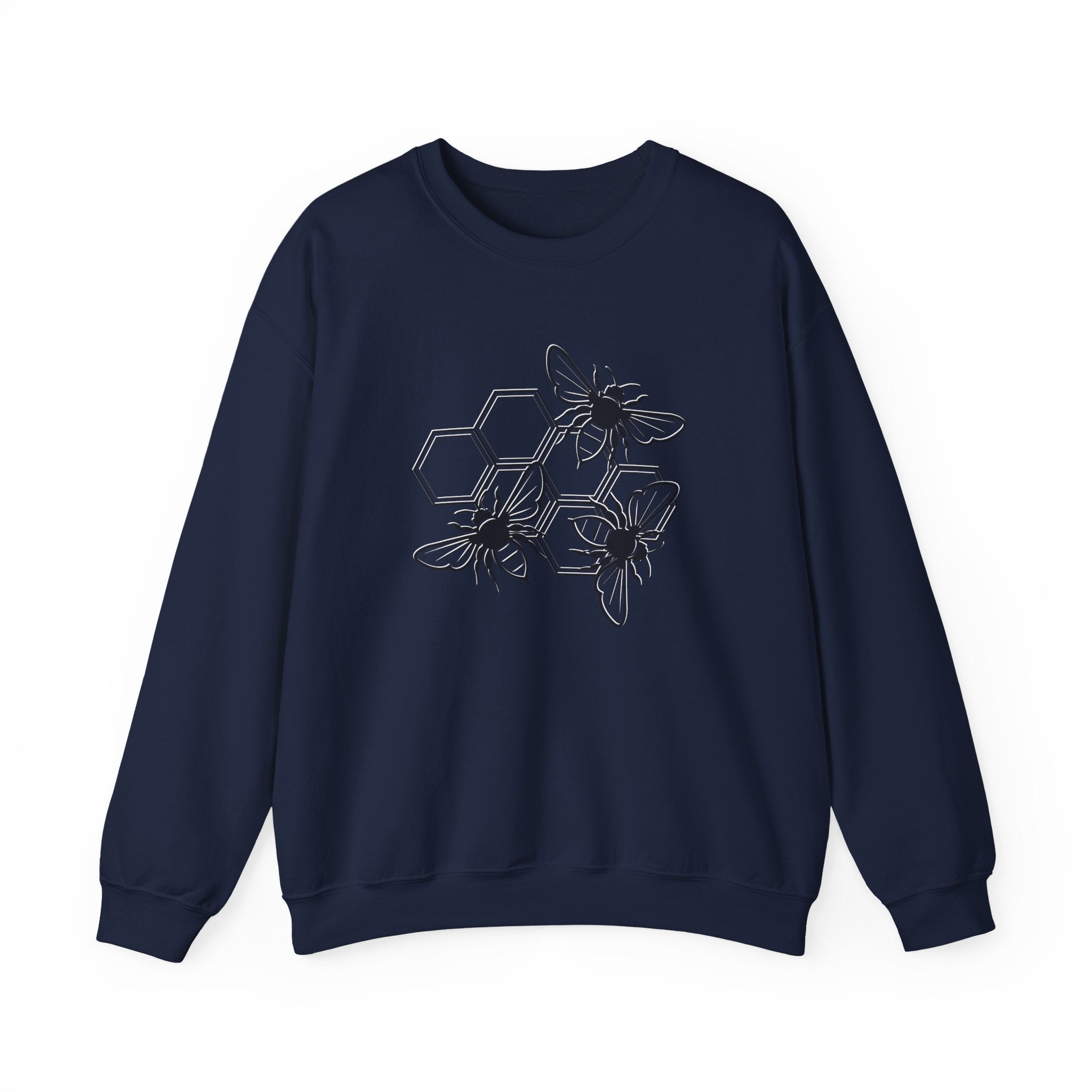 Navy blue sweatshirt with black bee and hexagon pattern on a white background