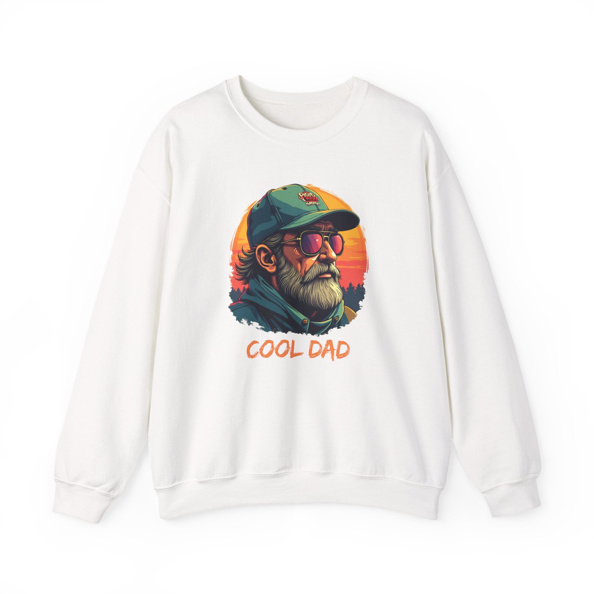 White sweatshirt with 'Cool Dad' graphic design on a white background