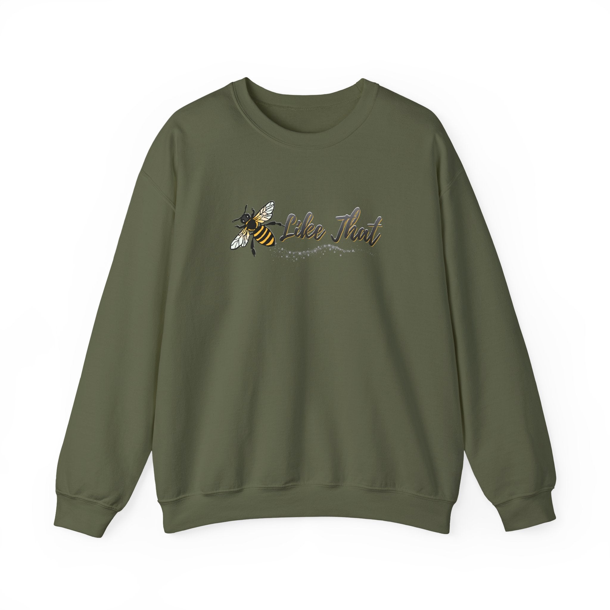 Green sweatshirt with bee graphic and 'Like That' text on a white background
