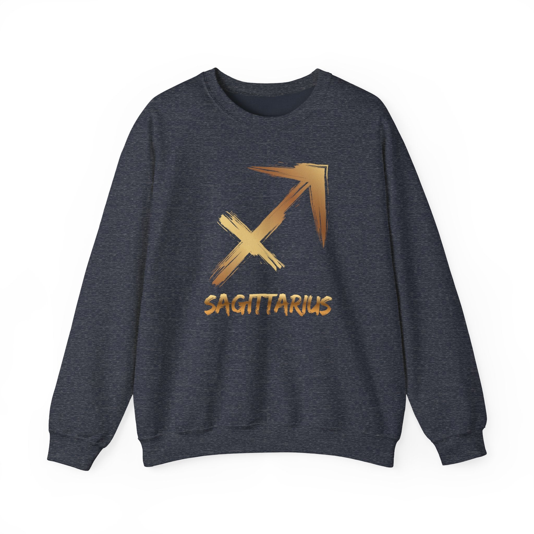 Dark navy sweatshirt with gold Sagittarius symbol and text on a white background