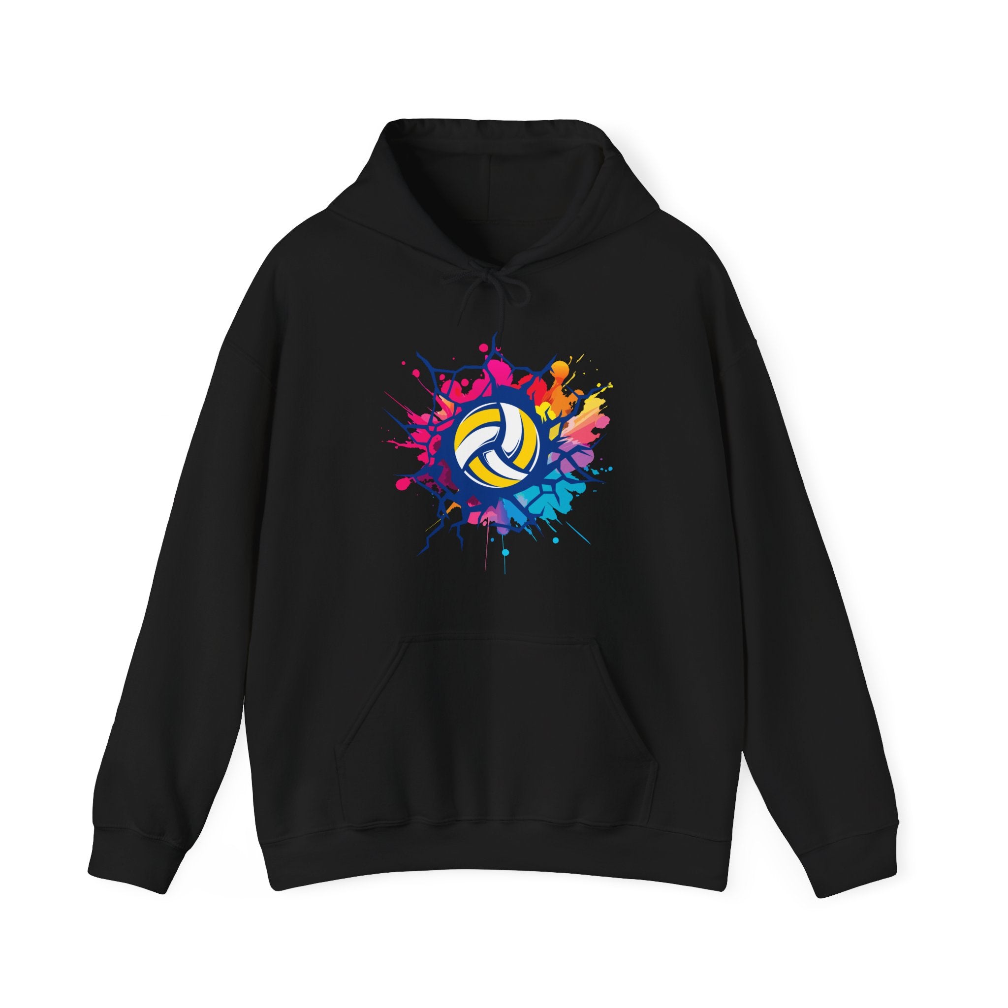 Black hoodie with colorful volleyball design on a white background