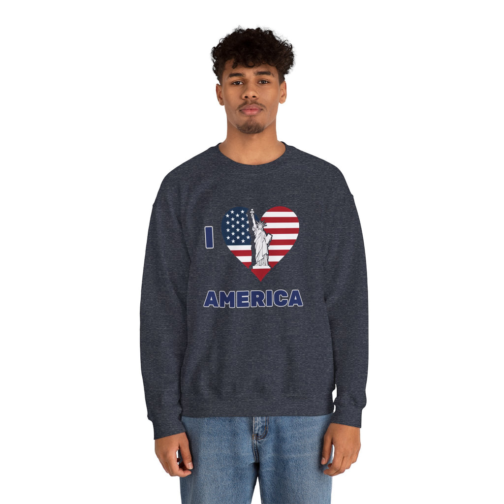 Person wearing a navy sweatshirt with 'I Love America' design on a white background