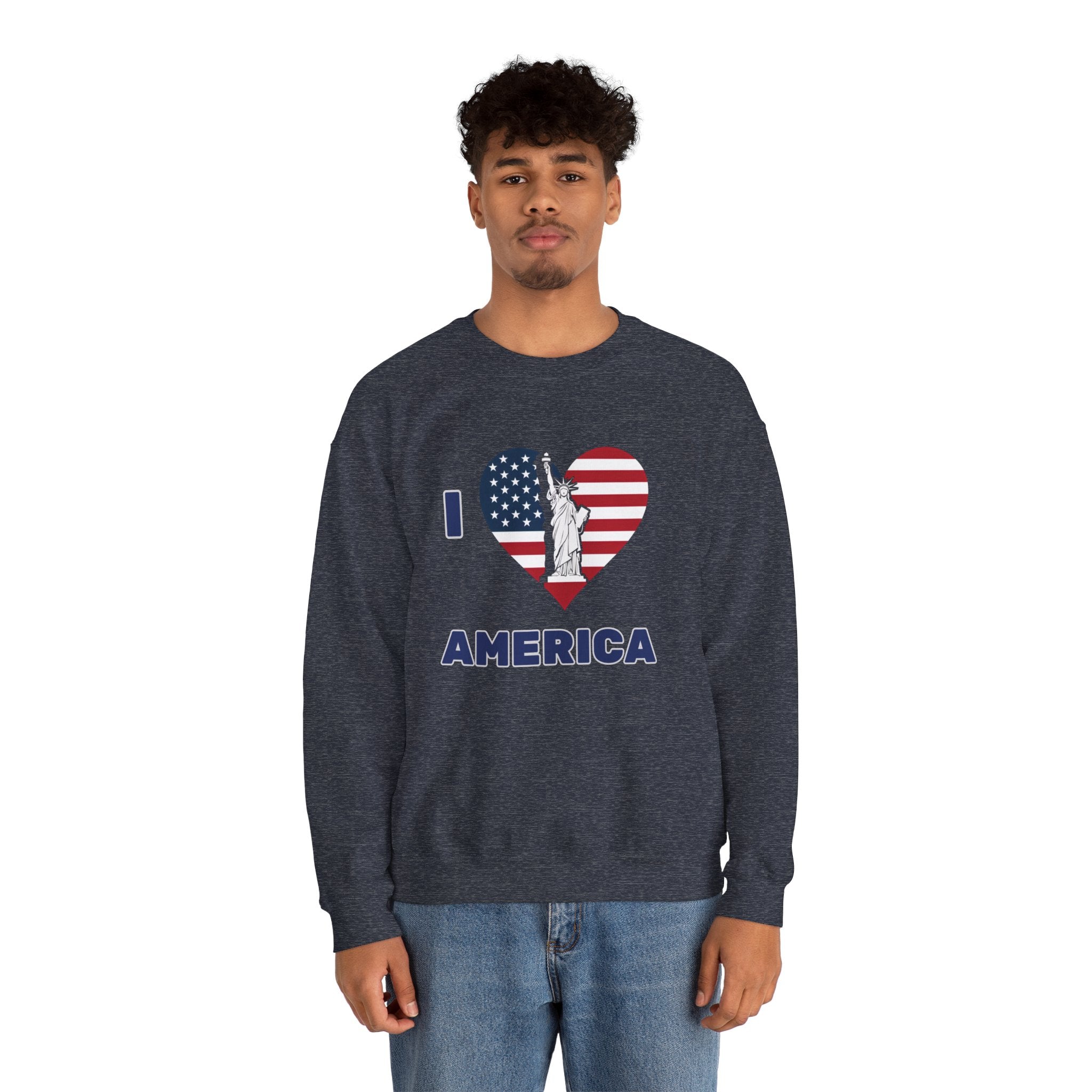 Person wearing a navy sweatshirt with 'I Love America' design on a white background