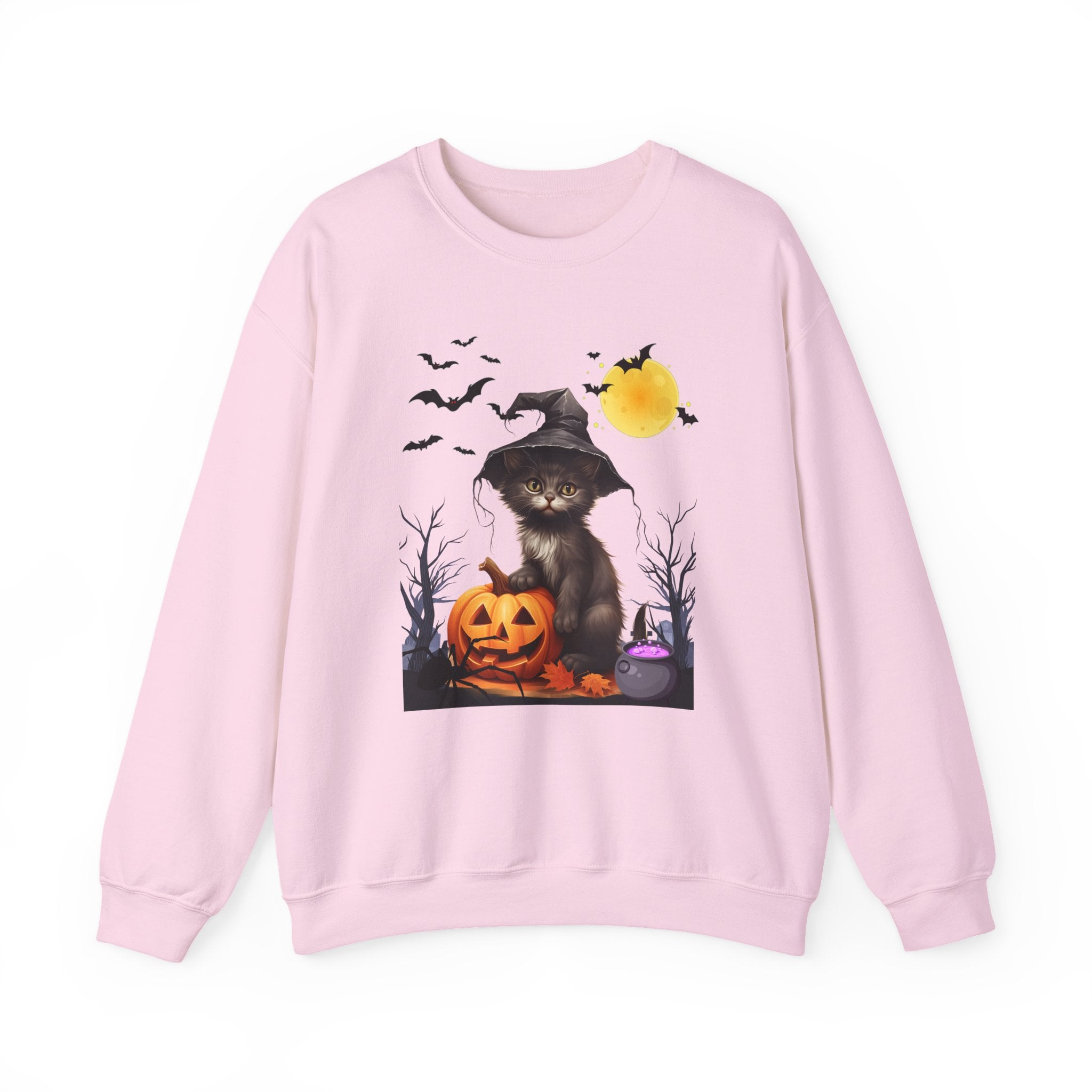 Pink sweatshirt with Halloween-themed design featuring a cat in a witch hat and pumpkin.