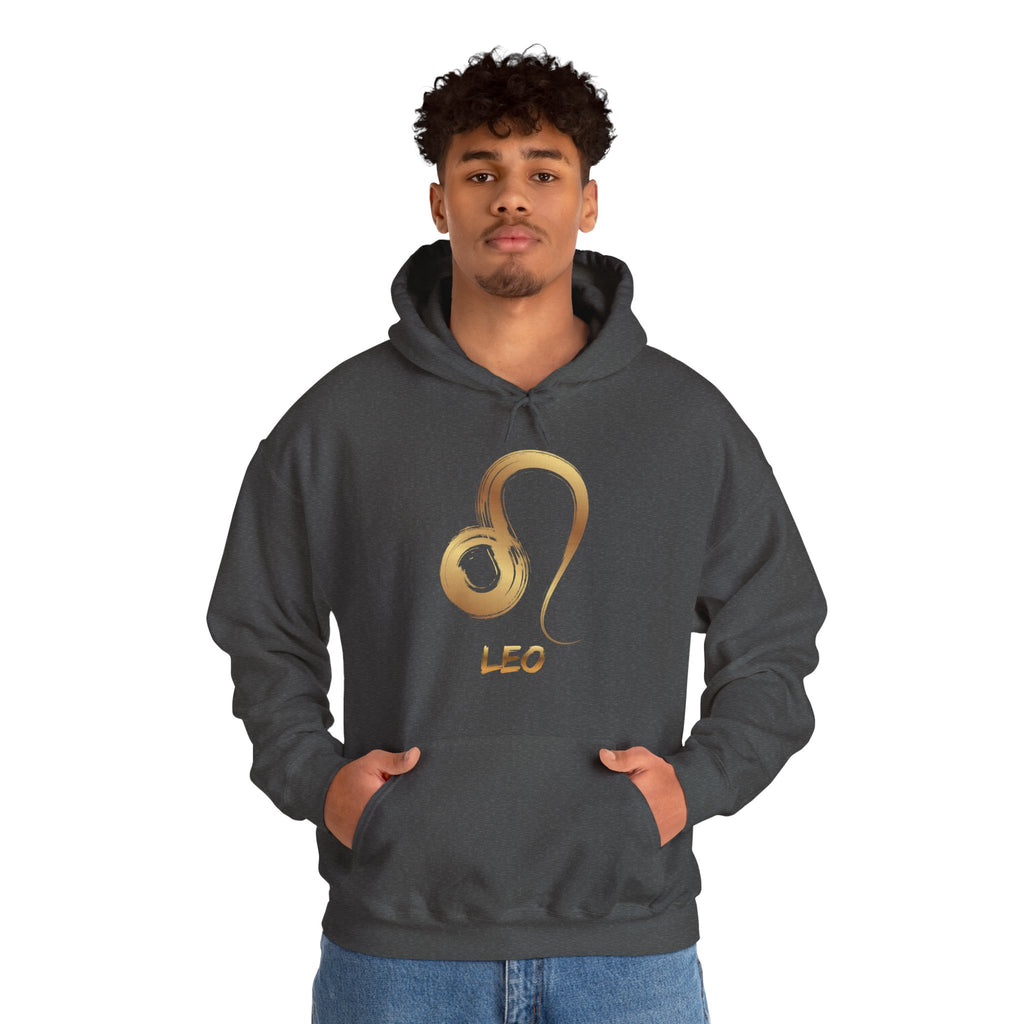 Person wearing a dark gray hoodie with a gold Leo symbol design on a white background