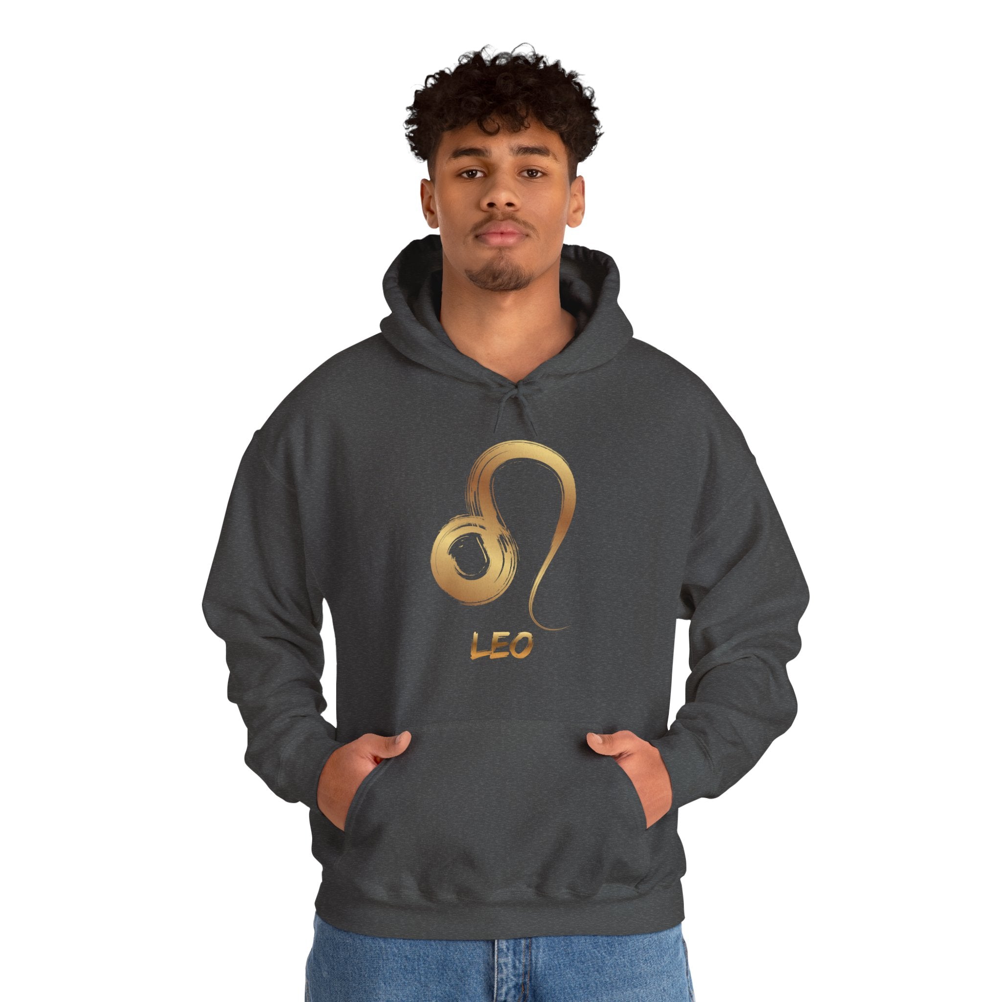 Person wearing a dark gray hoodie with a gold Leo symbol design on a white background