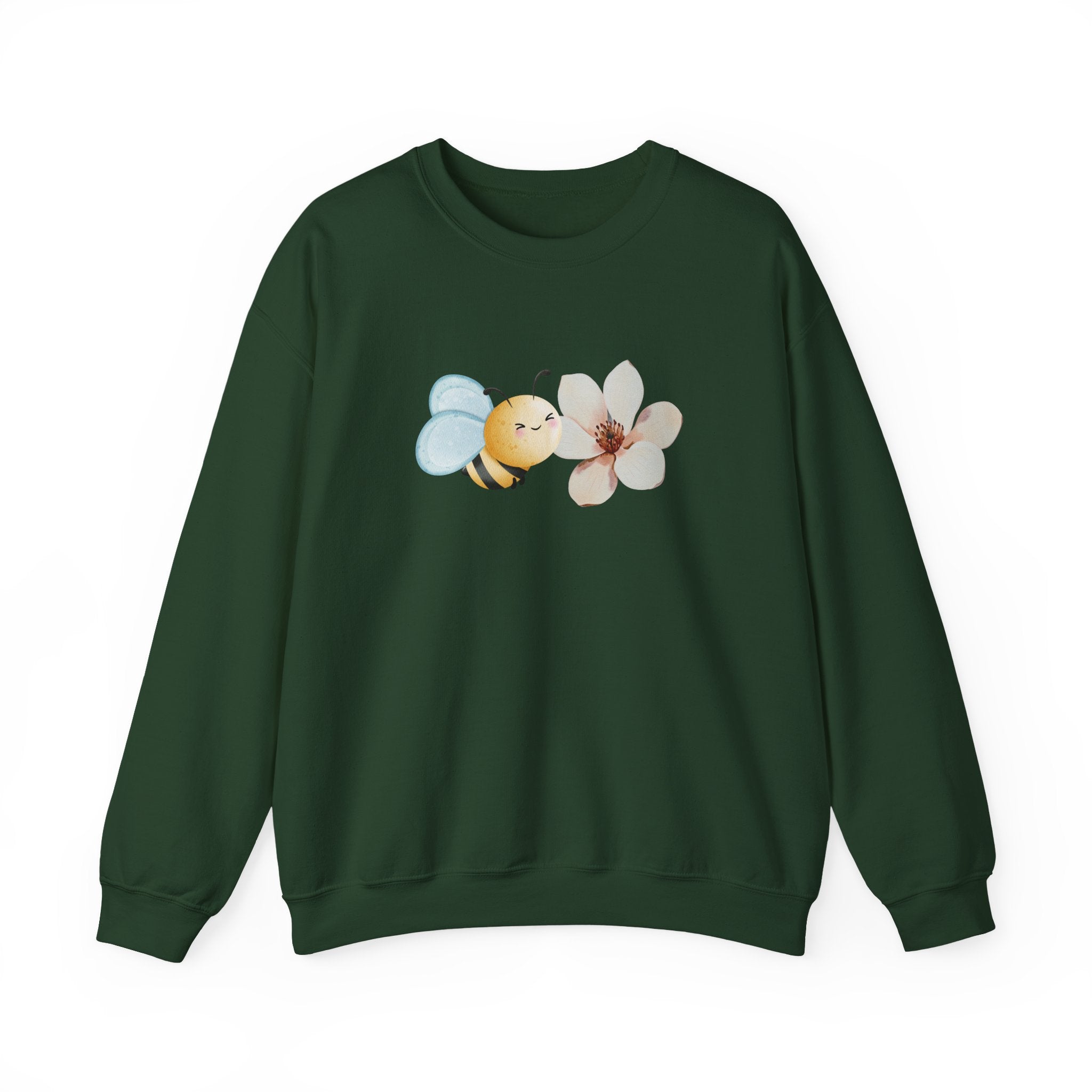 Green sweatshirt with a bee and flower design on a white background