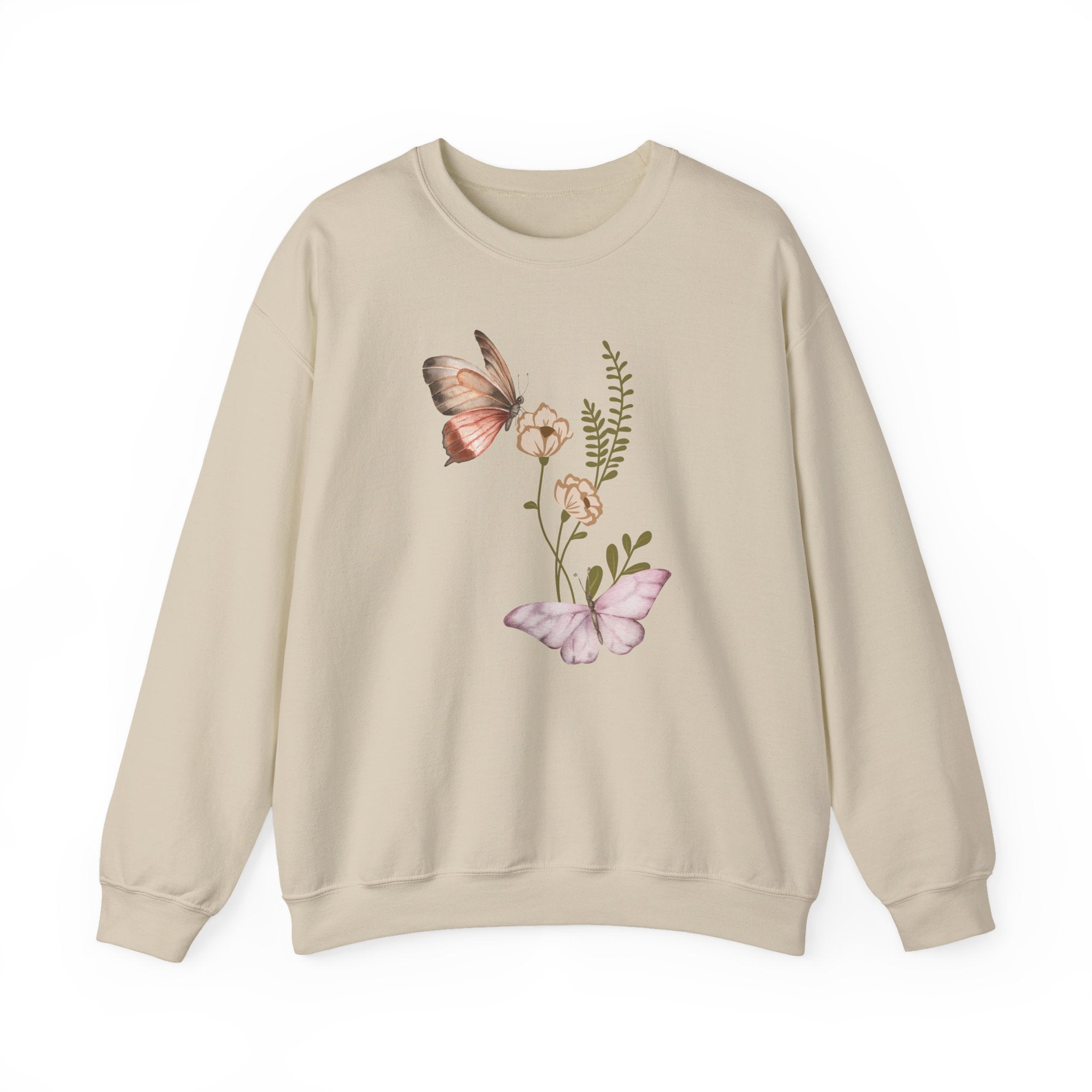 Beige sweatshirt with butterfly and floral design on a white background