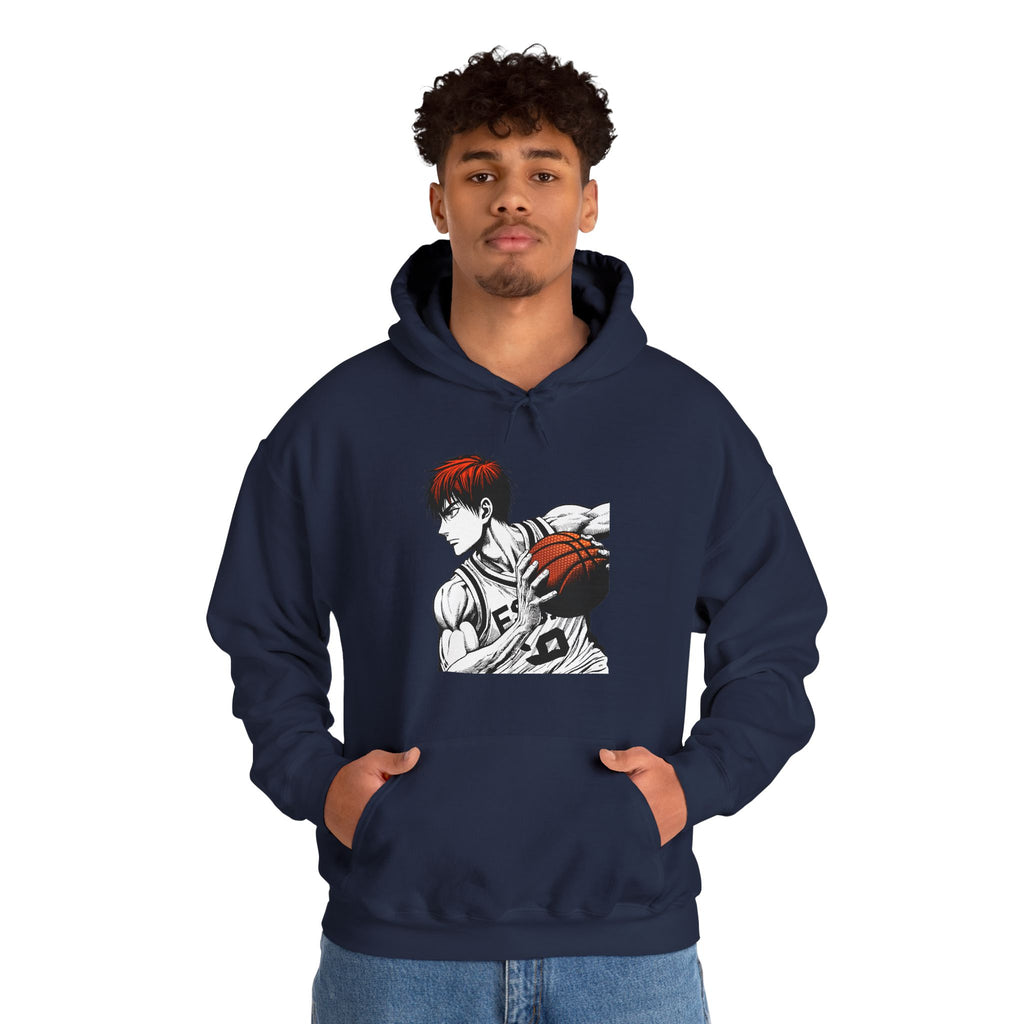 Person wearing a navy hoodie with a graphic design on a white background