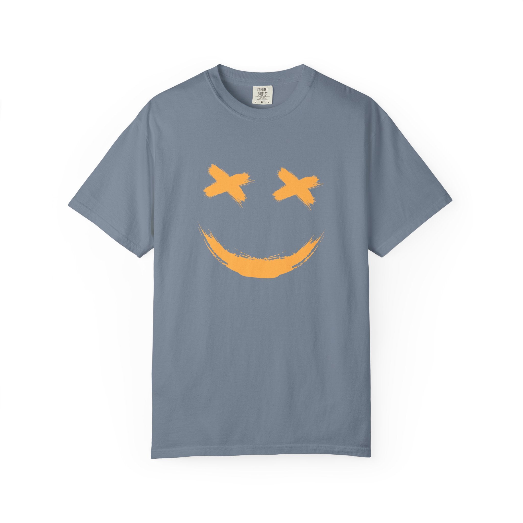 Blue jean t-shirt with a smiley logo on the chest against a white background