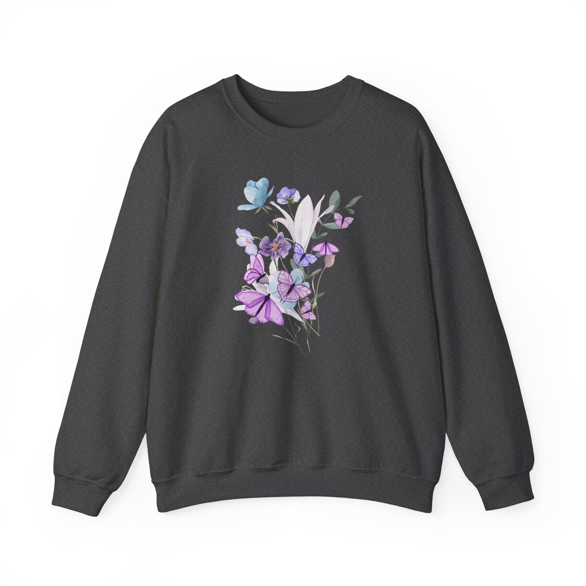 Dark gray sweatshirt with floral design on a white background