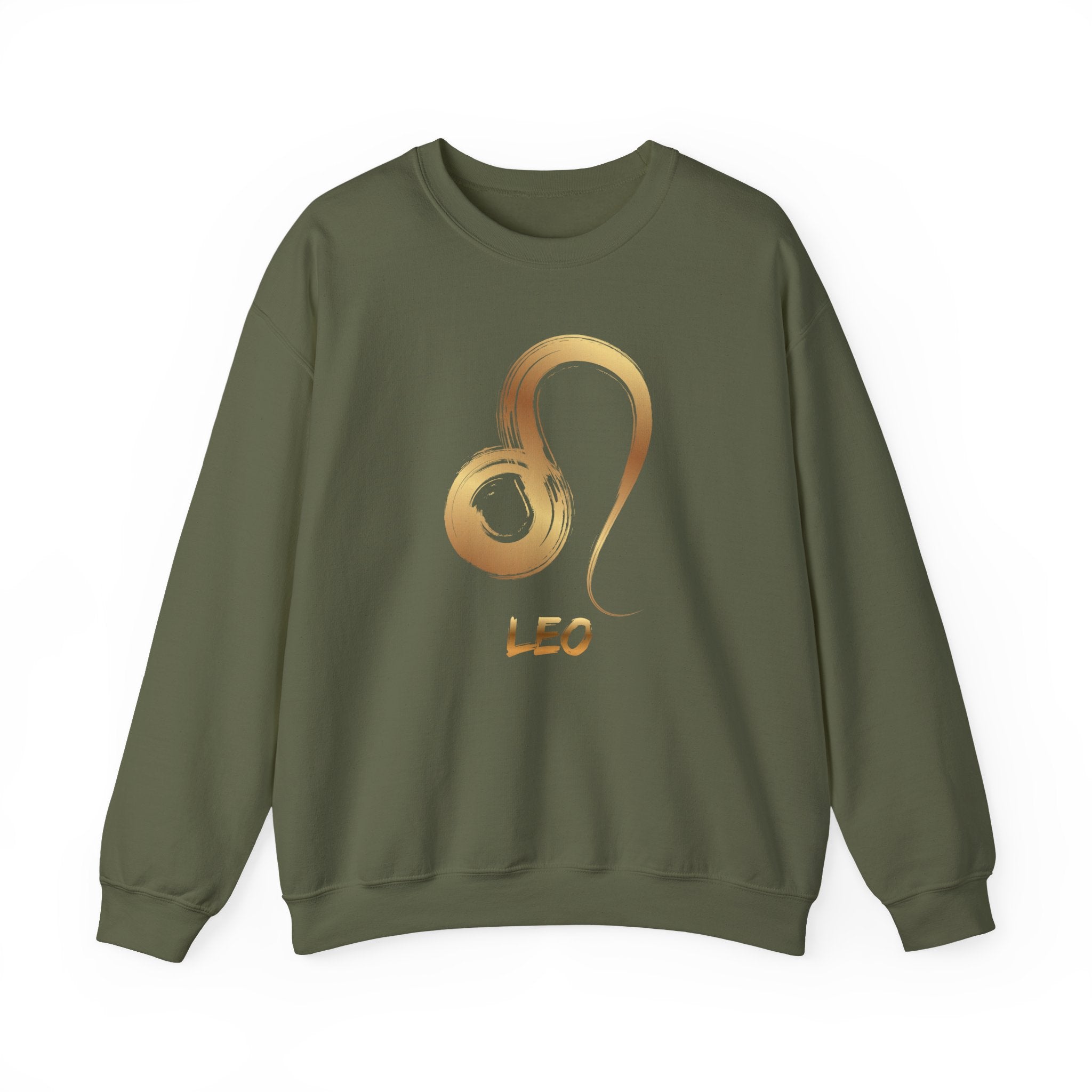 Green sweatshirt with a gold Leo zodiac symbol on a white background
