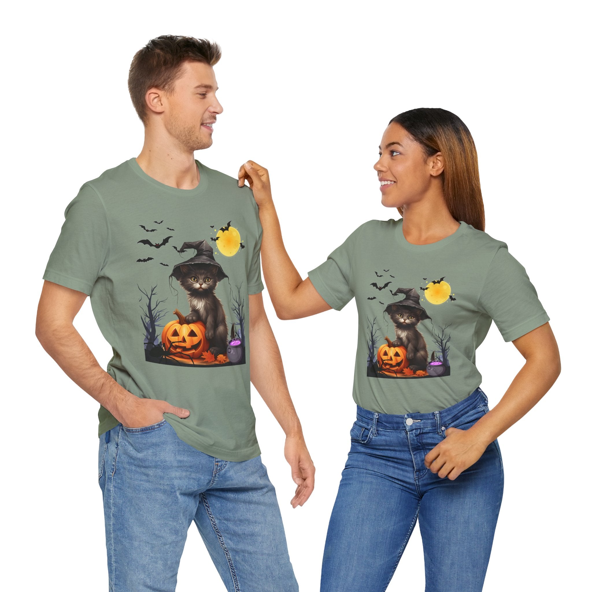 Halloween Cat with Bats, Pumpkin, Moon and Spider T-shirt
